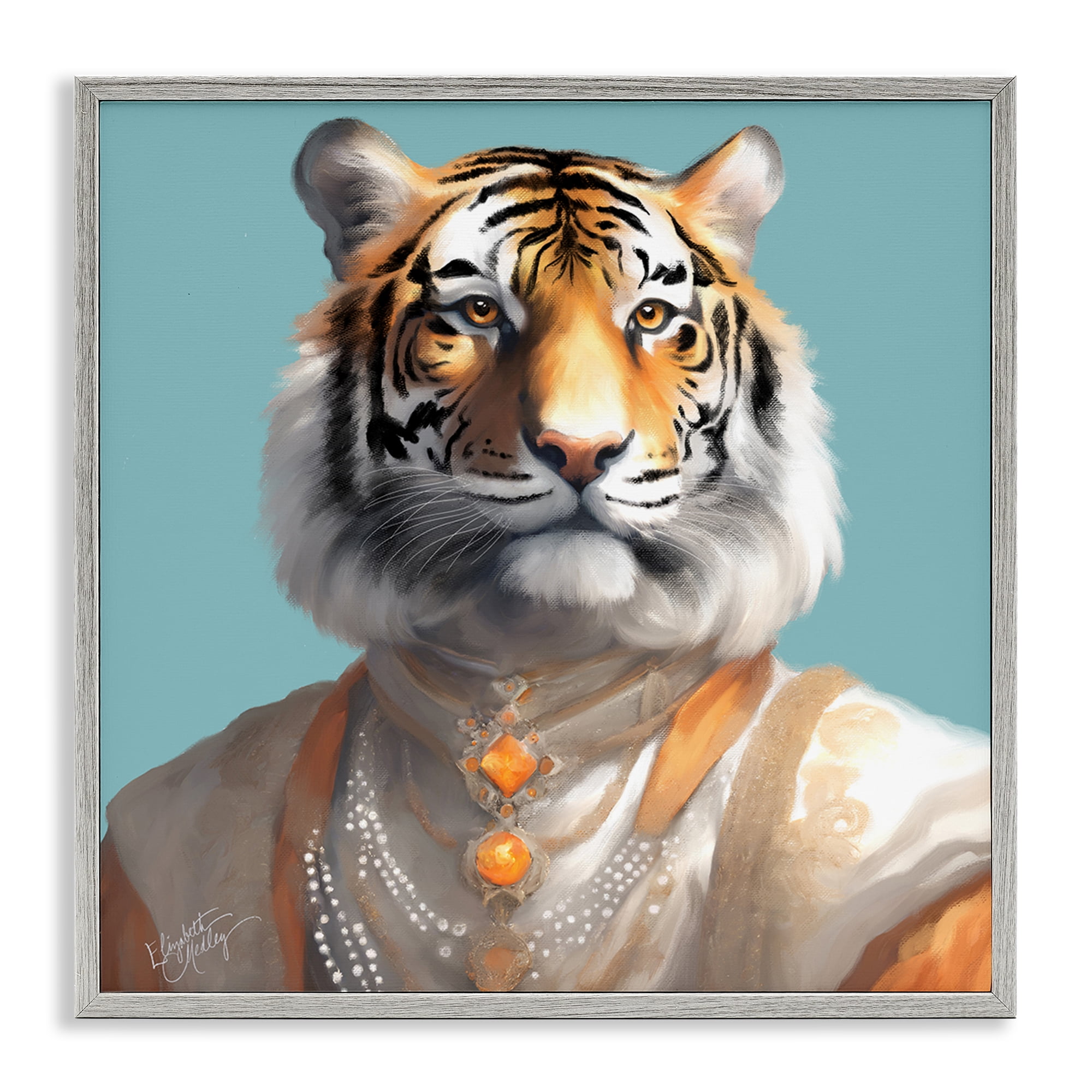 Stupell Industries Sir Prince Tiger Animals Painting Gray Framed Art Print Wall Art, 12 x 12