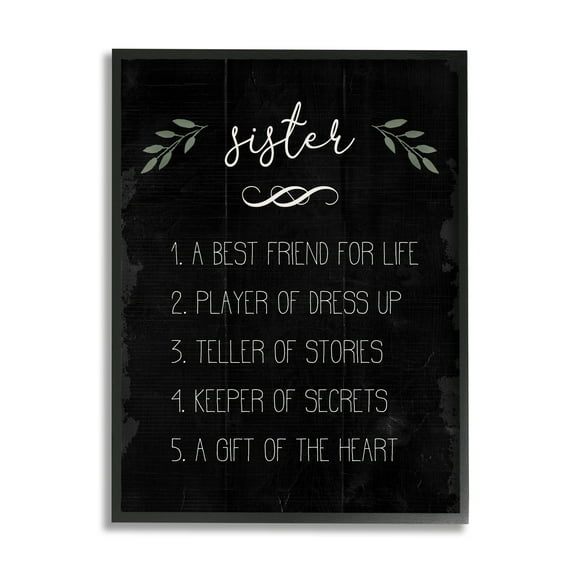 Stupell Industries Sister Facts Family Phrases Distressed Black Pattern Inspirational Painting Black Framed Art Print Wall Art, 16 x 20