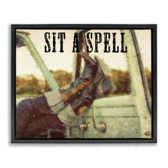 Stupell Industries Sit A Spell Cowboy Typography Painting Black Floater Framed Art Print Wall Art, 21 x 17