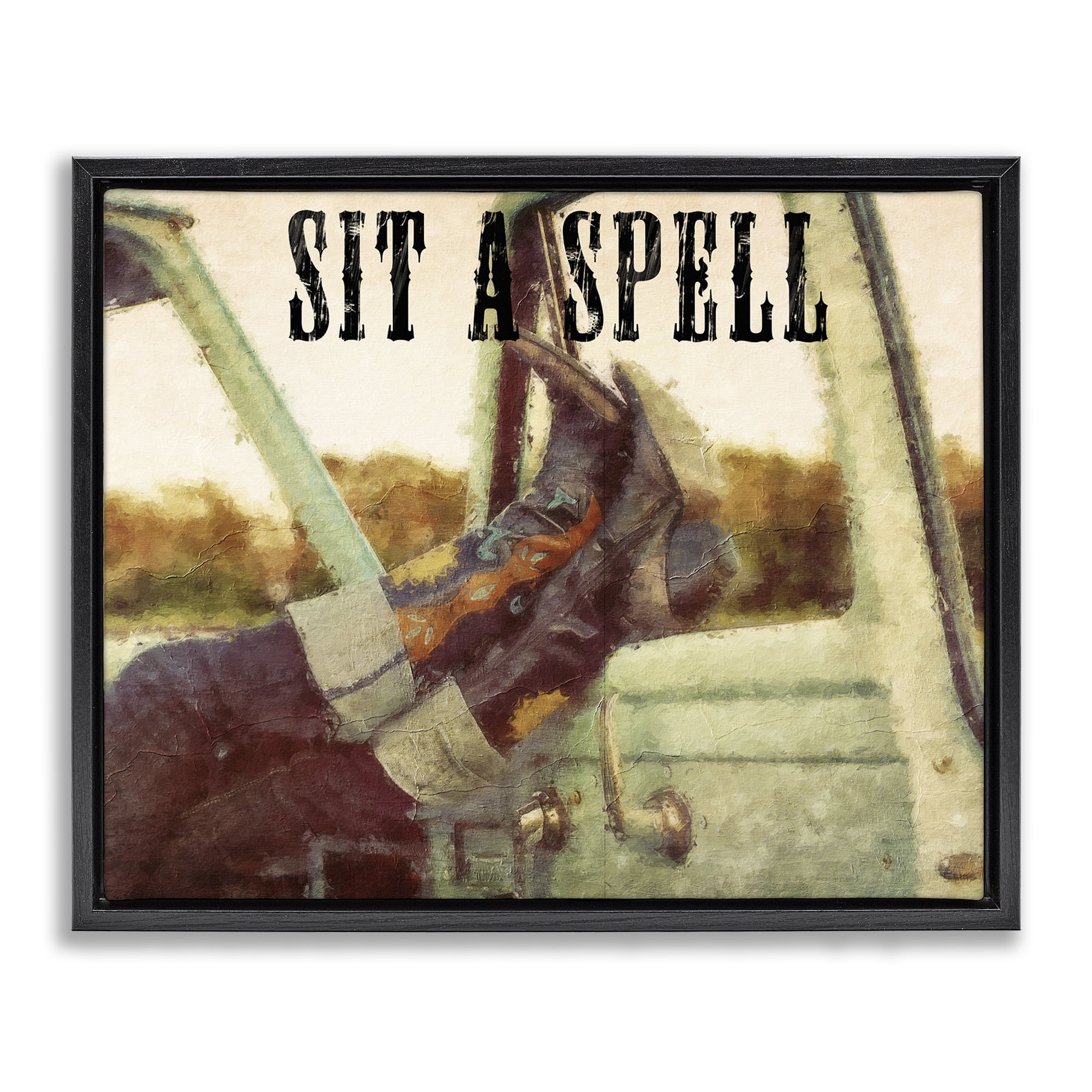 Stupell Industries Sit A Spell Cowboy Typography Painting Black Floater Framed Art Print Wall Art, 31 x 25