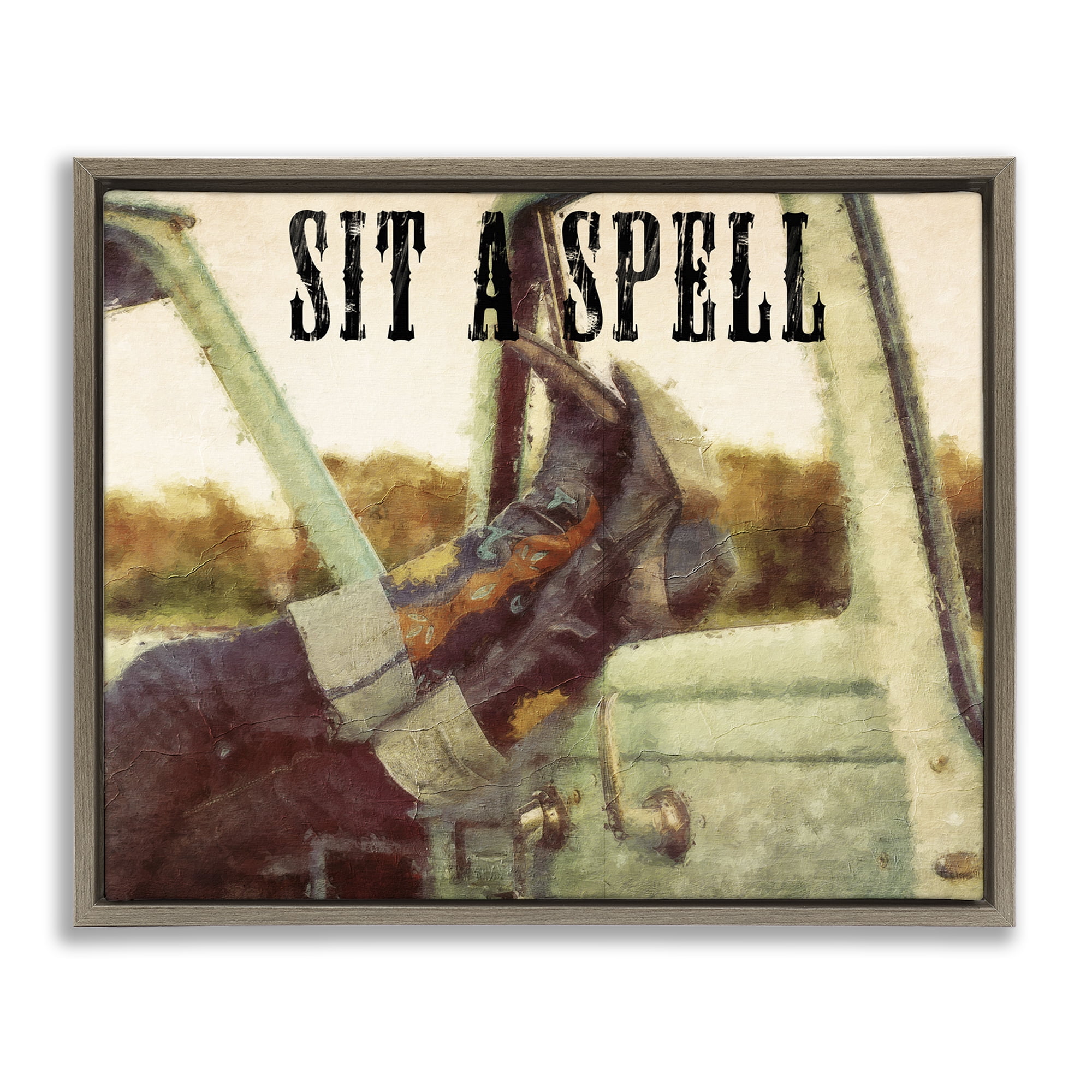Stupell Industries Sit A Spell Cowboy Typography Painting Brown Floater Framed Art Print Wall Art, 21 x 17