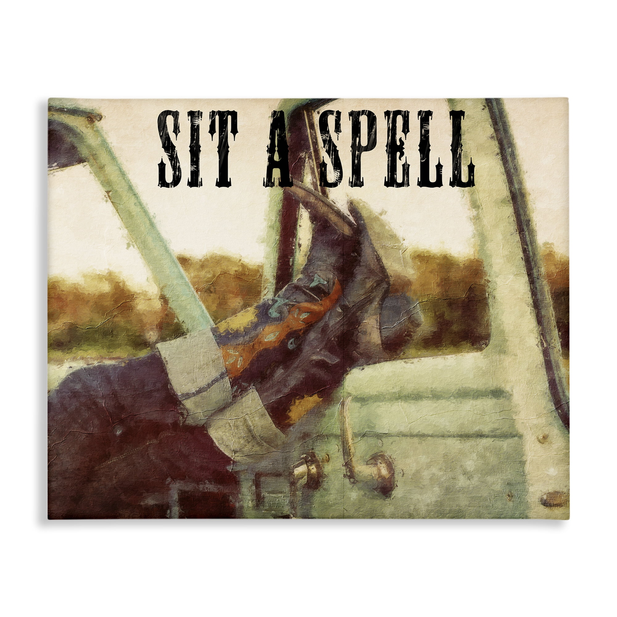 Stupell Industries Sit A Spell Cowboy Typography Painting Gallery Wrapped Canvas Art Print Wall Art, 48 x 36