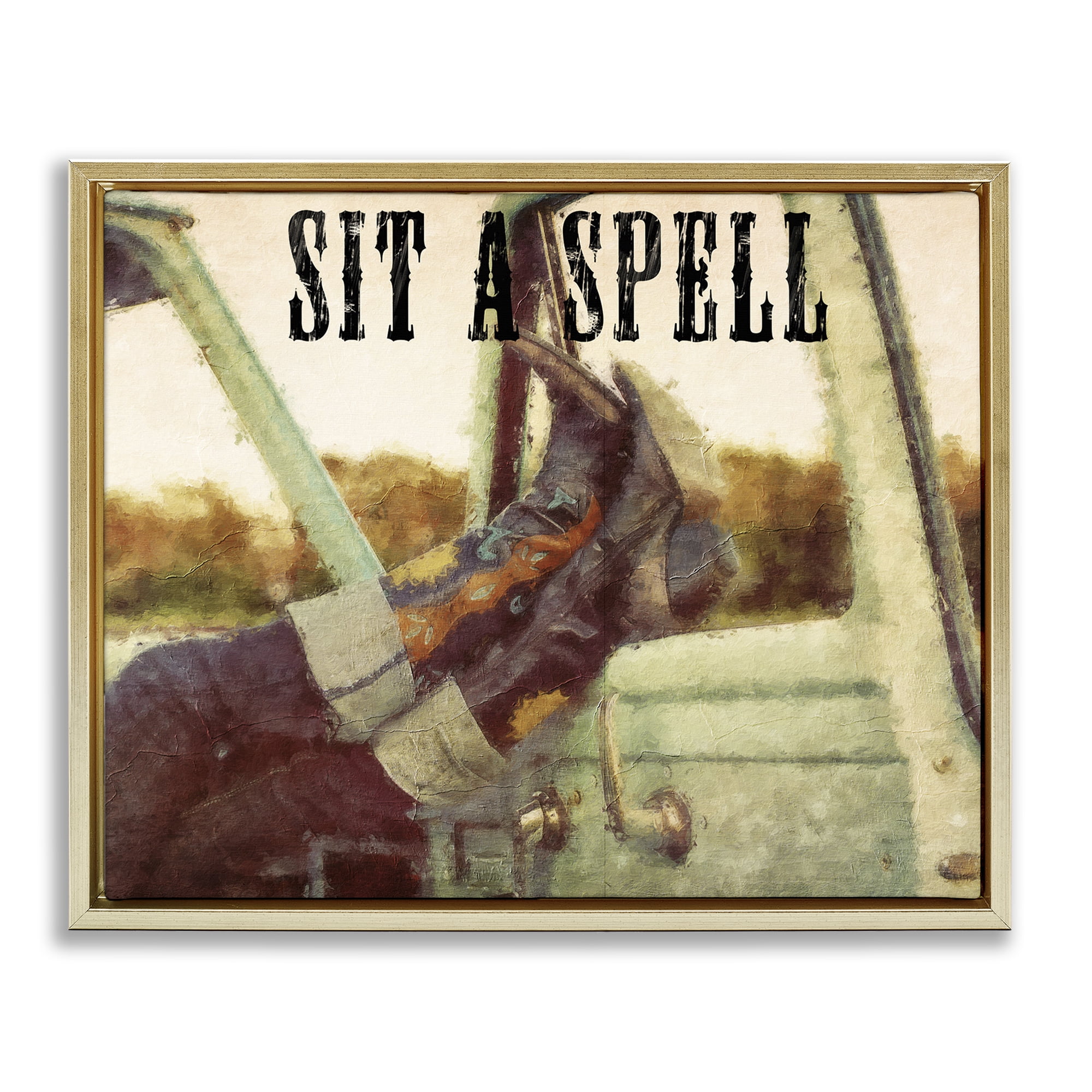Stupell Industries Sit A Spell Cowboy Typography Painting Gold Floater Framed Art Print Wall Art, 31 x 25