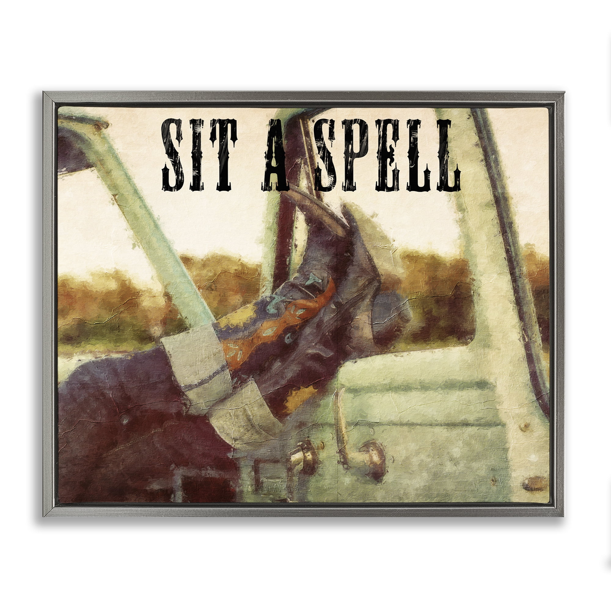 Stupell Industries Sit A Spell Cowboy Typography Painting Gray Floater Framed Art Print Wall Art, 31 x 25