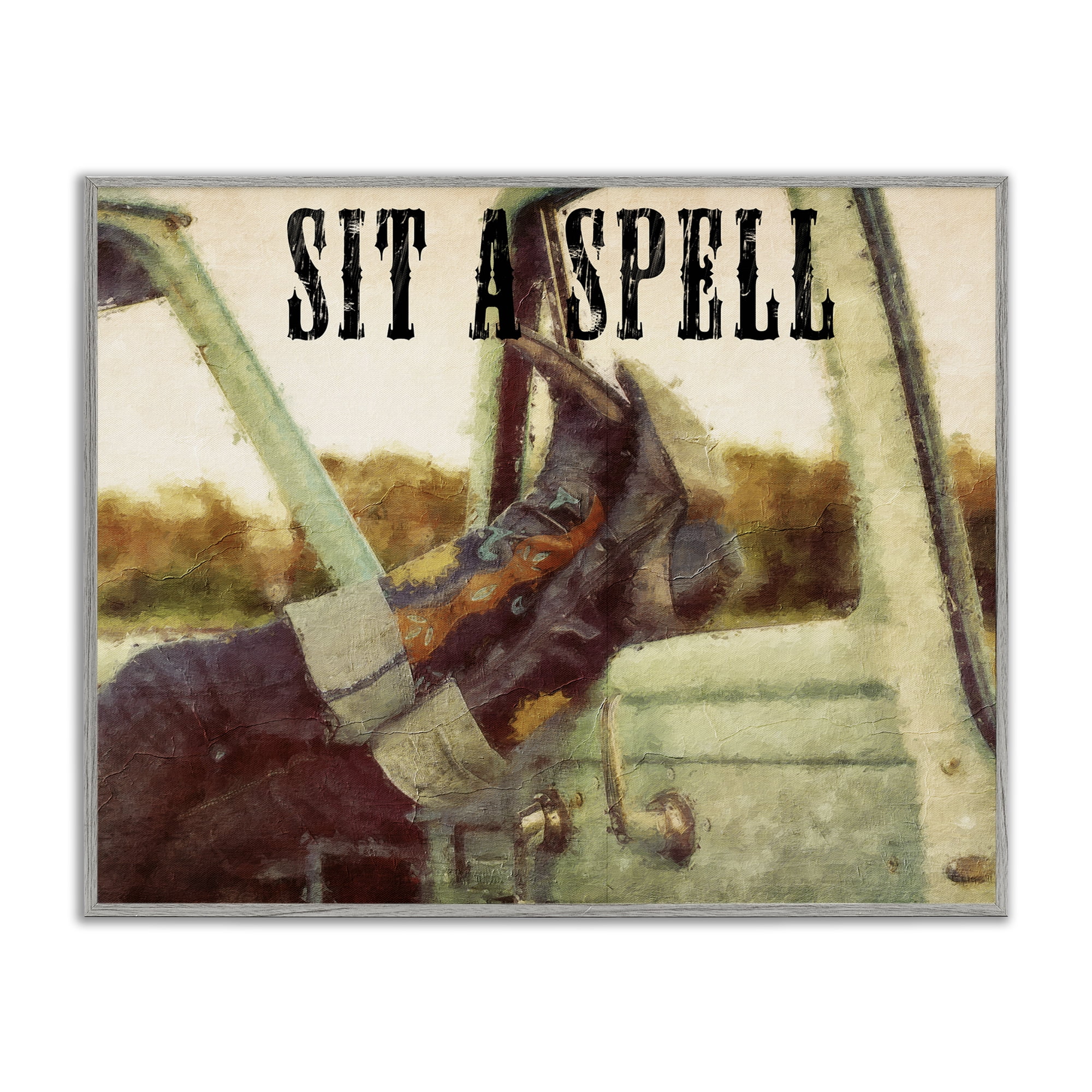 Stupell Industries Sit A Spell Cowboy Typography Painting Gray Framed Art Print Wall Art, 20 x 16