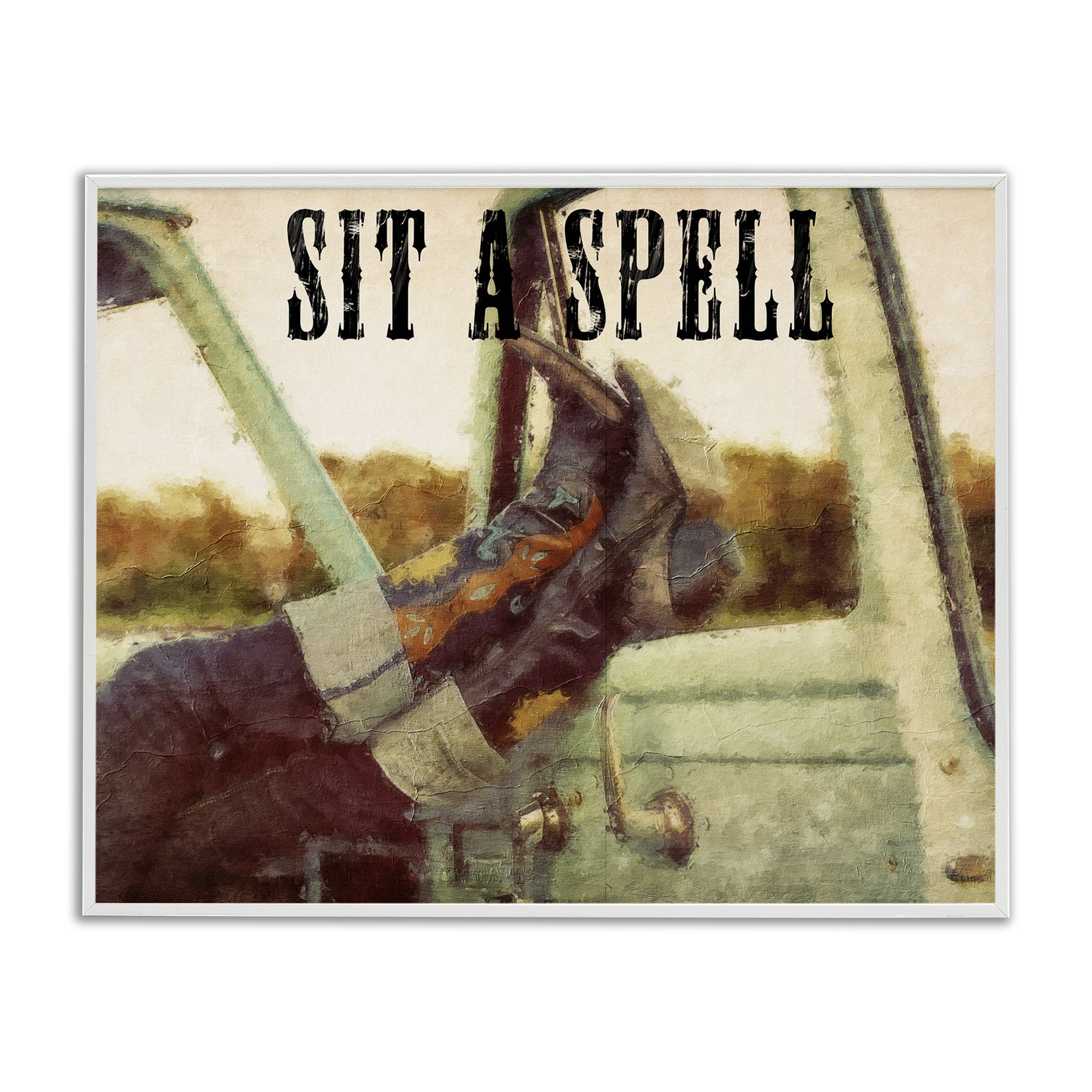 Stupell Industries Sit A Spell Cowboy Typography Painting White Framed Art Print Wall Art, 20 x 16