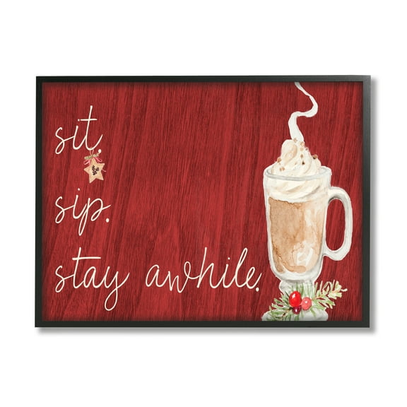 Stupell Industries Sit Sip Stay Awhile Festive Winter Drink Cup Food & Beverage Painting Black Framed Art Print Wall Art, 11 x 14