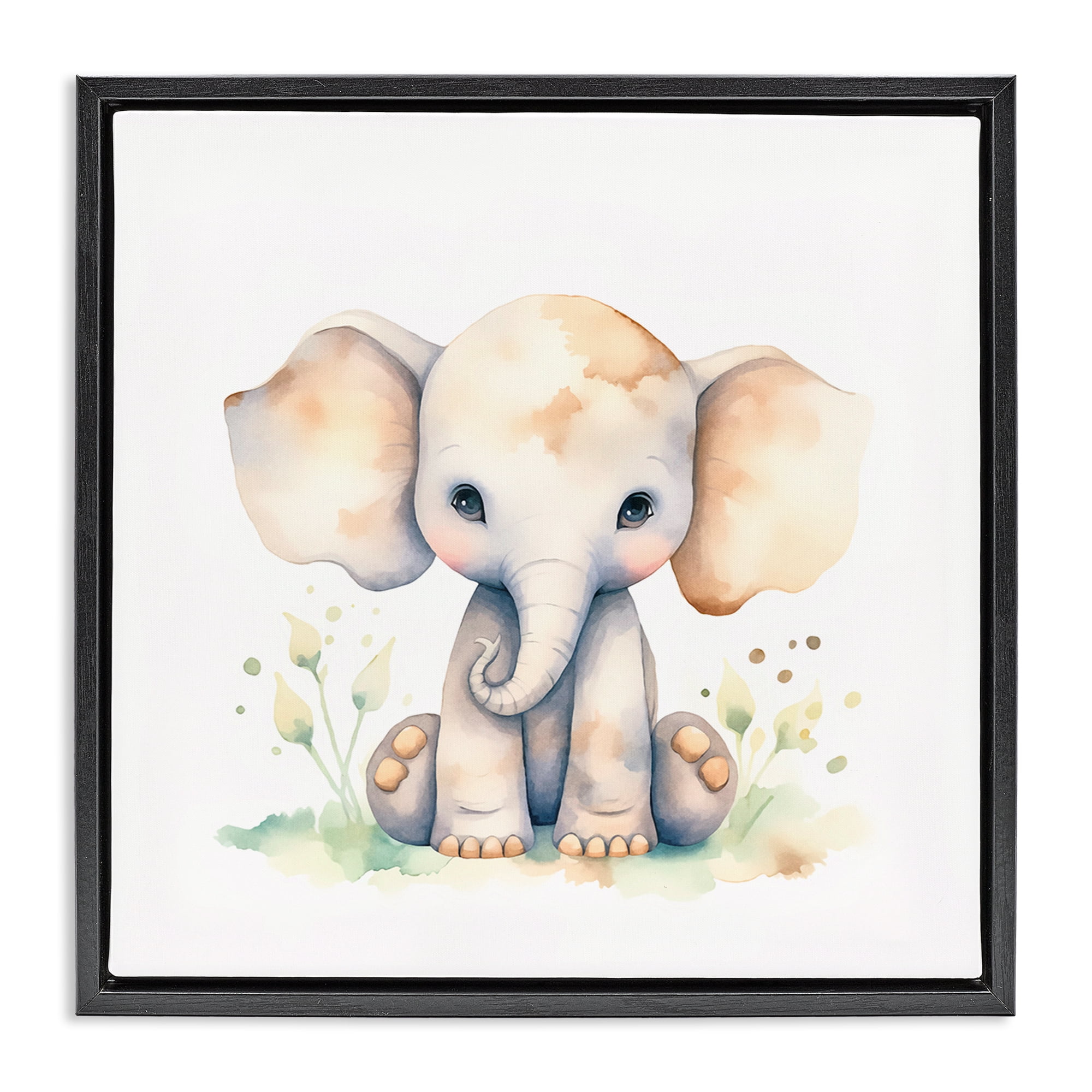 Stupell Industries Sitting Baby Elephant Animals Painting Black Floater Framed Canvas Art Print Wall Art, 25 x 25