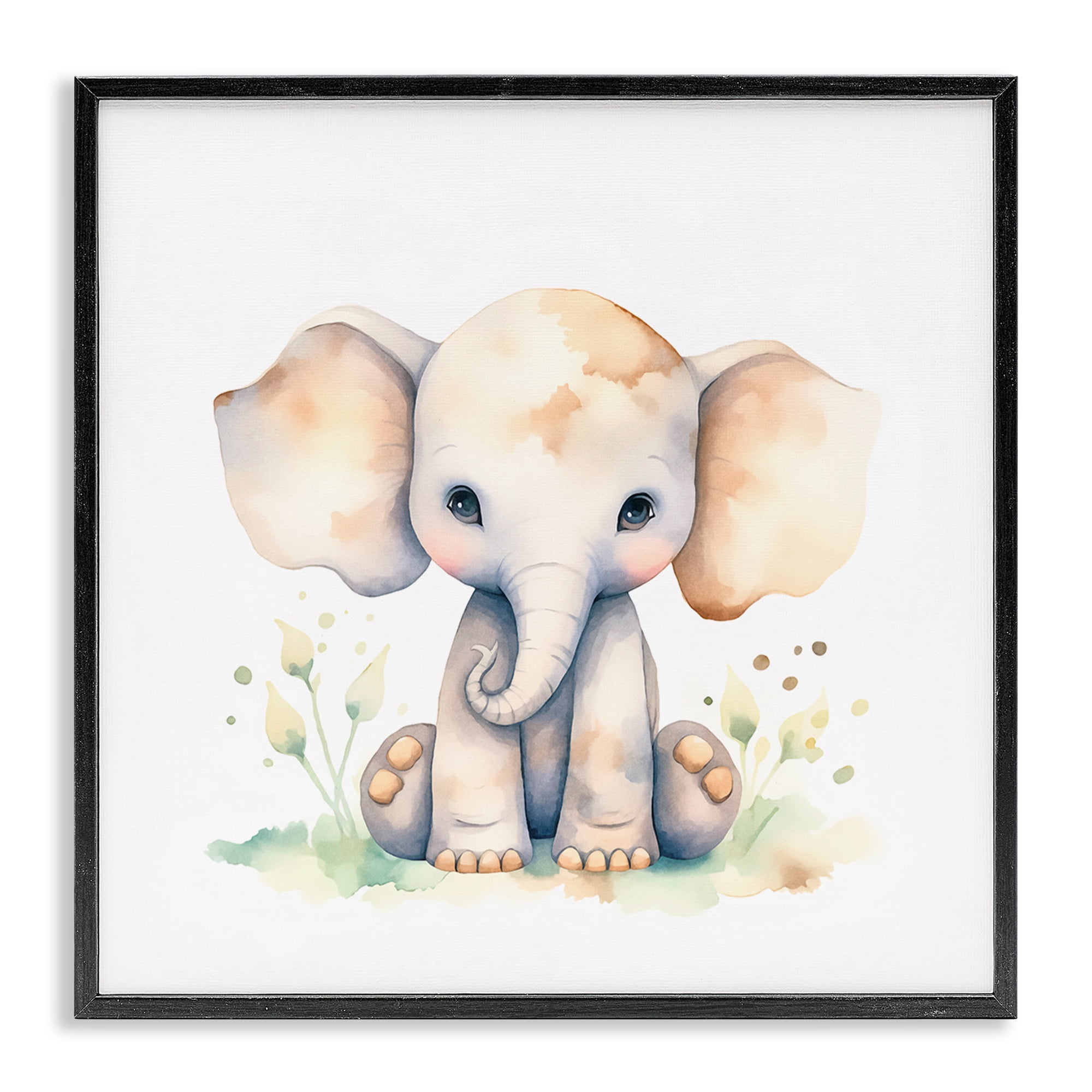 Stupell Industries Sitting Baby Elephant Animals Painting Black Framed Art Print Wall Art, 12 x 12