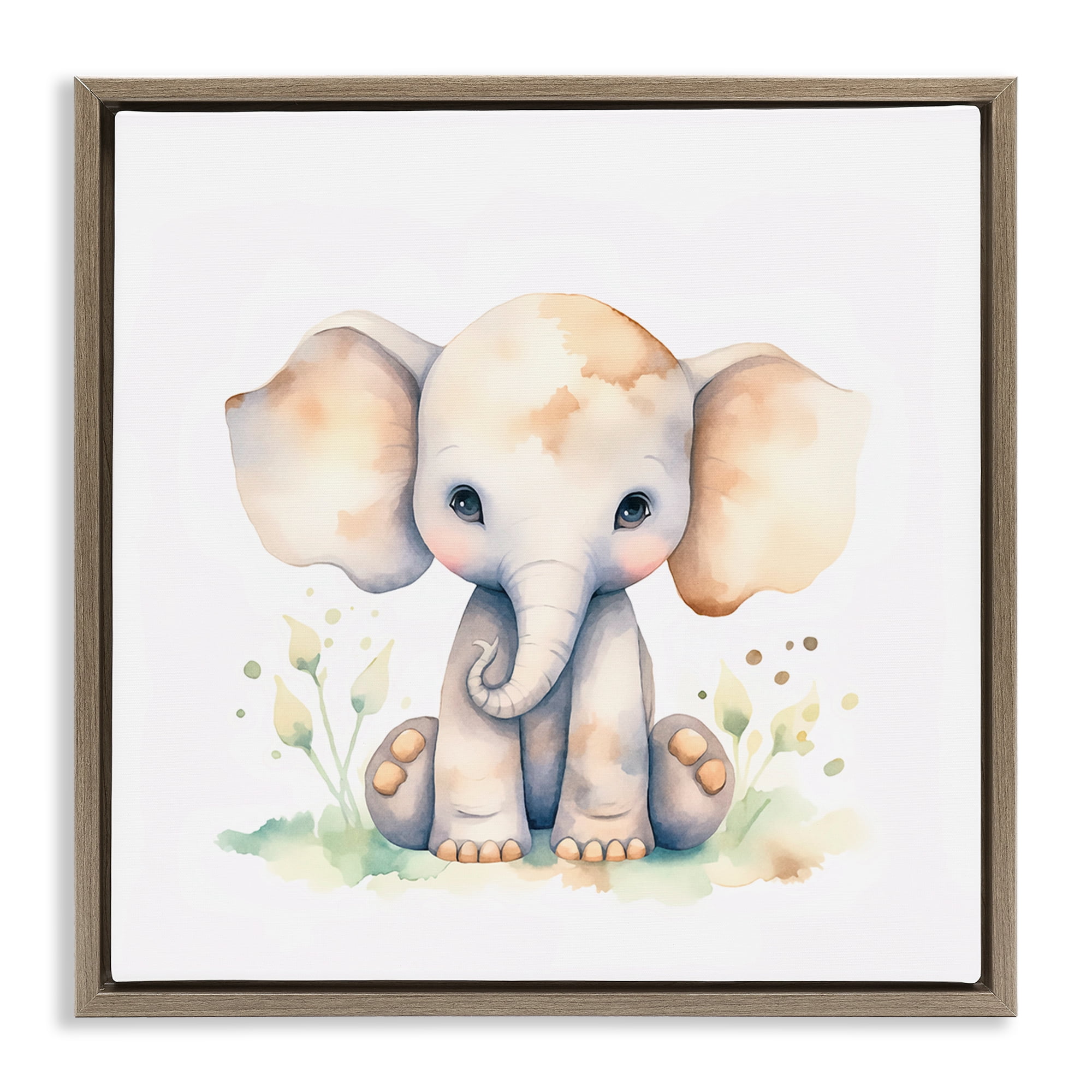 Stupell Industries Sitting Baby Elephant Animals Painting Brown Floater Framed Canvas Art Print Wall Art, 18 x 18