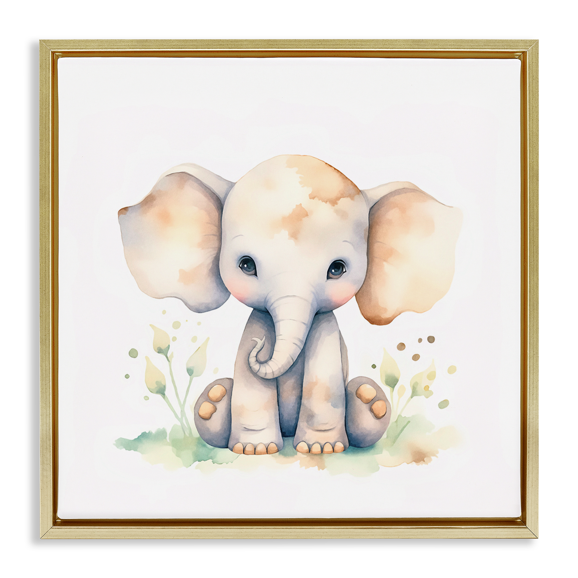 Stupell Industries Sitting Baby Elephant Animals Painting Gold Floater Framed Canvas Art Print Wall Art, 18 x 18