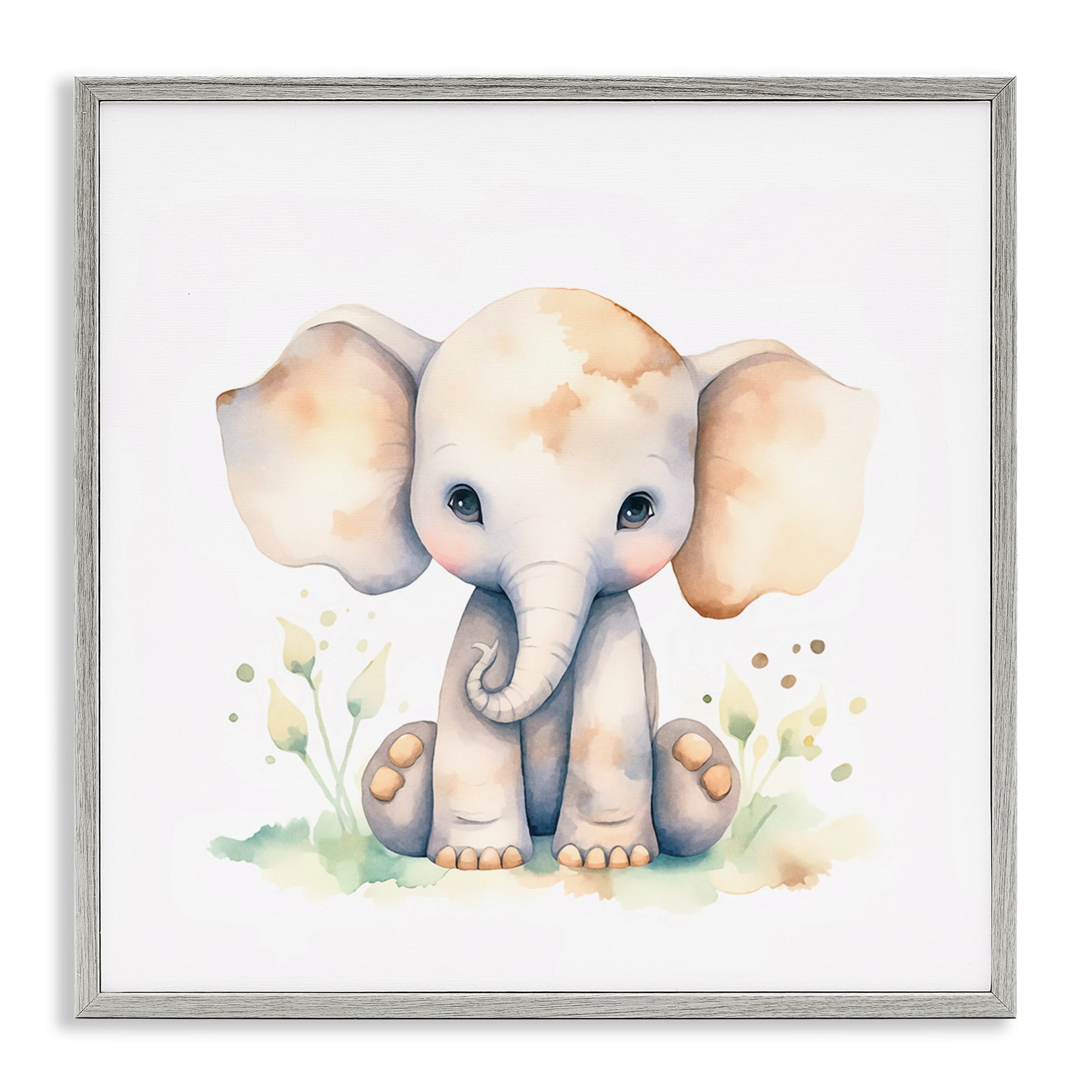Stupell Industries Sitting Baby Elephant Animals Painting Gray Framed Art Print Wall Art, 12 x 12