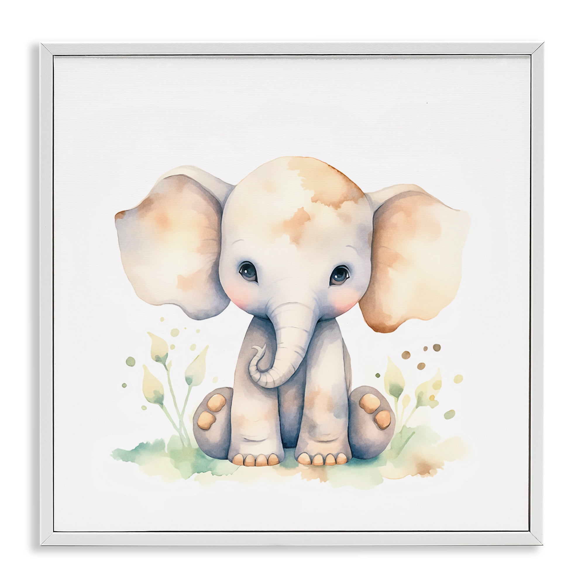 Stupell Industries Sitting Baby Elephant Animals Painting White Framed Art Print Wall Art, 12 x 12