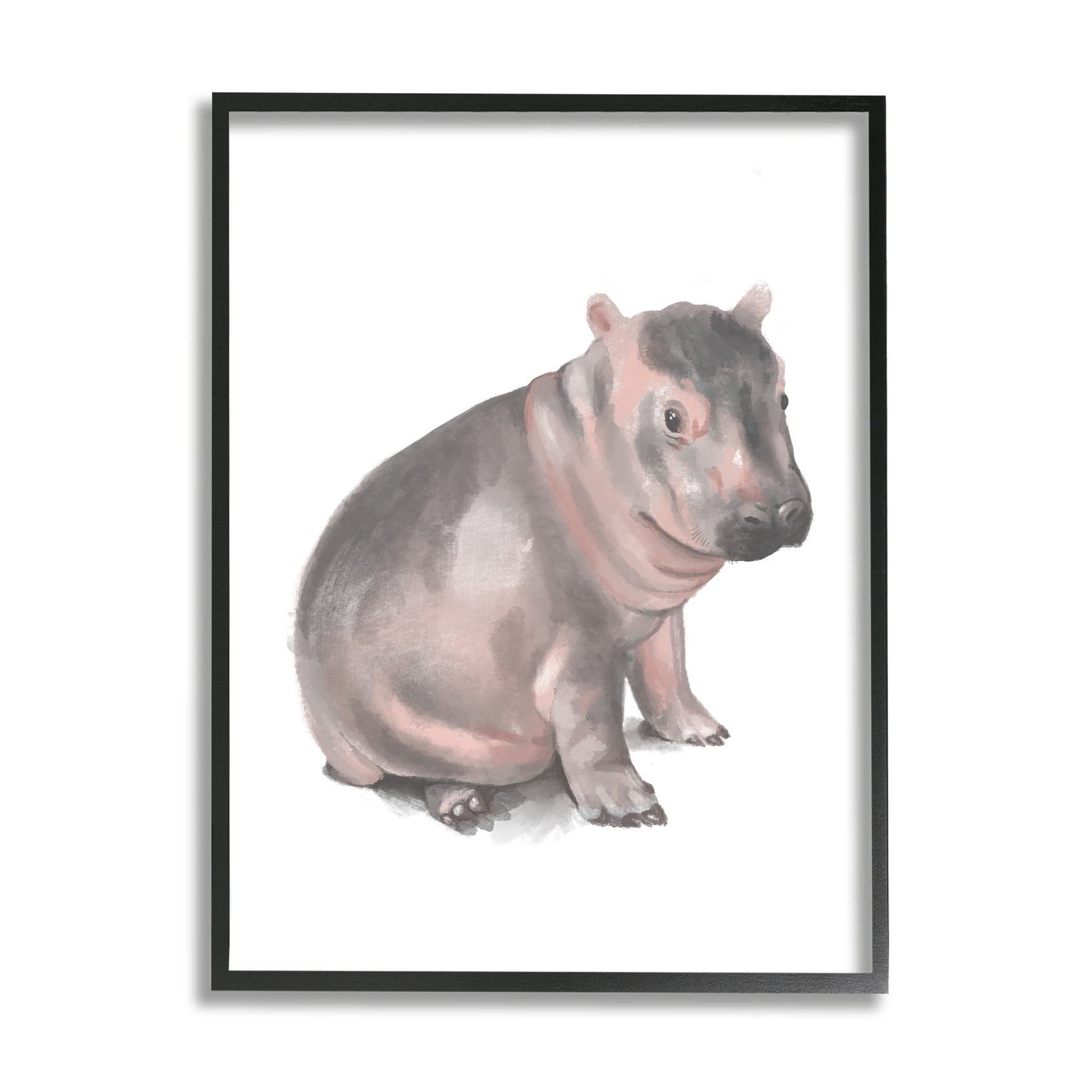 Stupell Industries Sitting Baby Hippo Soft Pink Grey Illustration Black Framed, 24 x 30, Design by Daphne Polselli