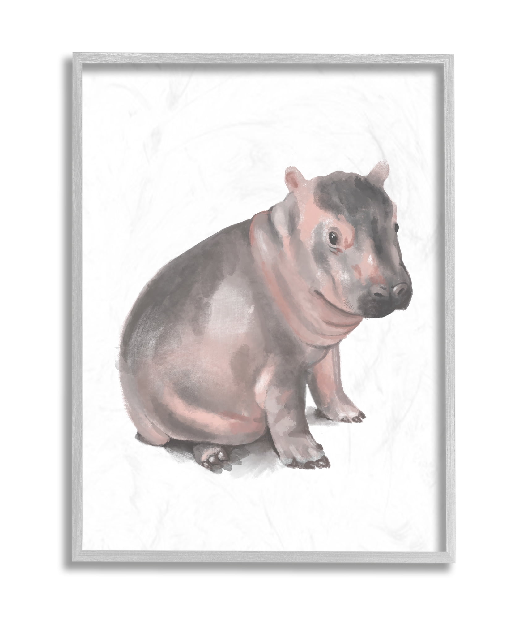 Stupell Industries Sitting Baby Hippo Soft Pink Grey Illustration Grey Framed, 16 x 20, Design by Daphne Polselli