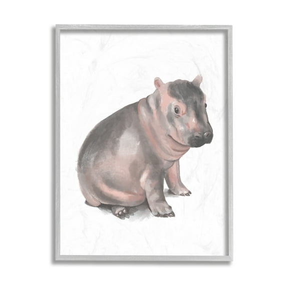 Stupell Industries Sitting Baby Hippo Soft Pink Grey Illustration Grey Framed, 16 x 20, Design by Daphne Polselli