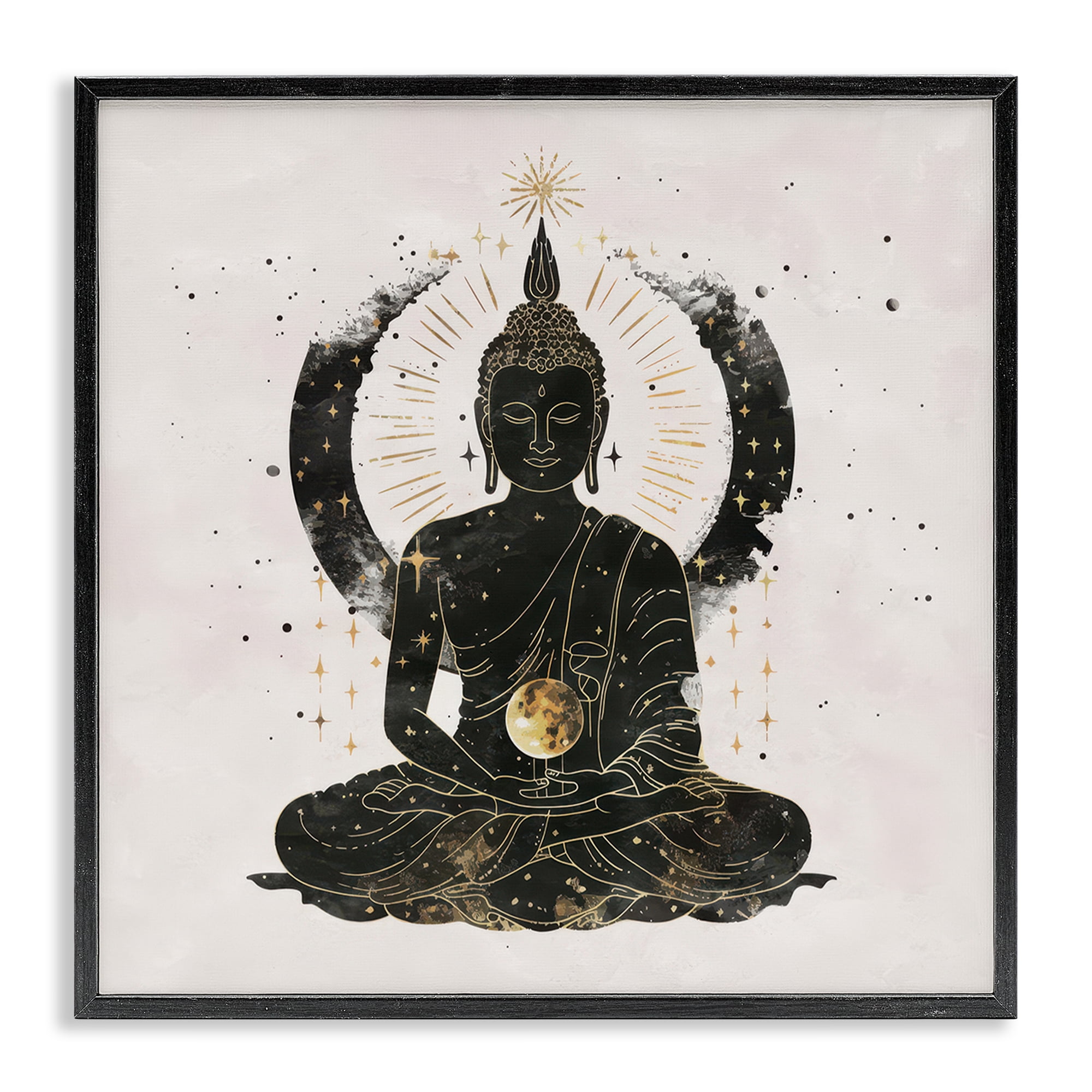 Stupell Industries Sitting Buddha Sun Rays Religious & Spiritual Painting Black Framed Art Print Wall Art, 24 x 24