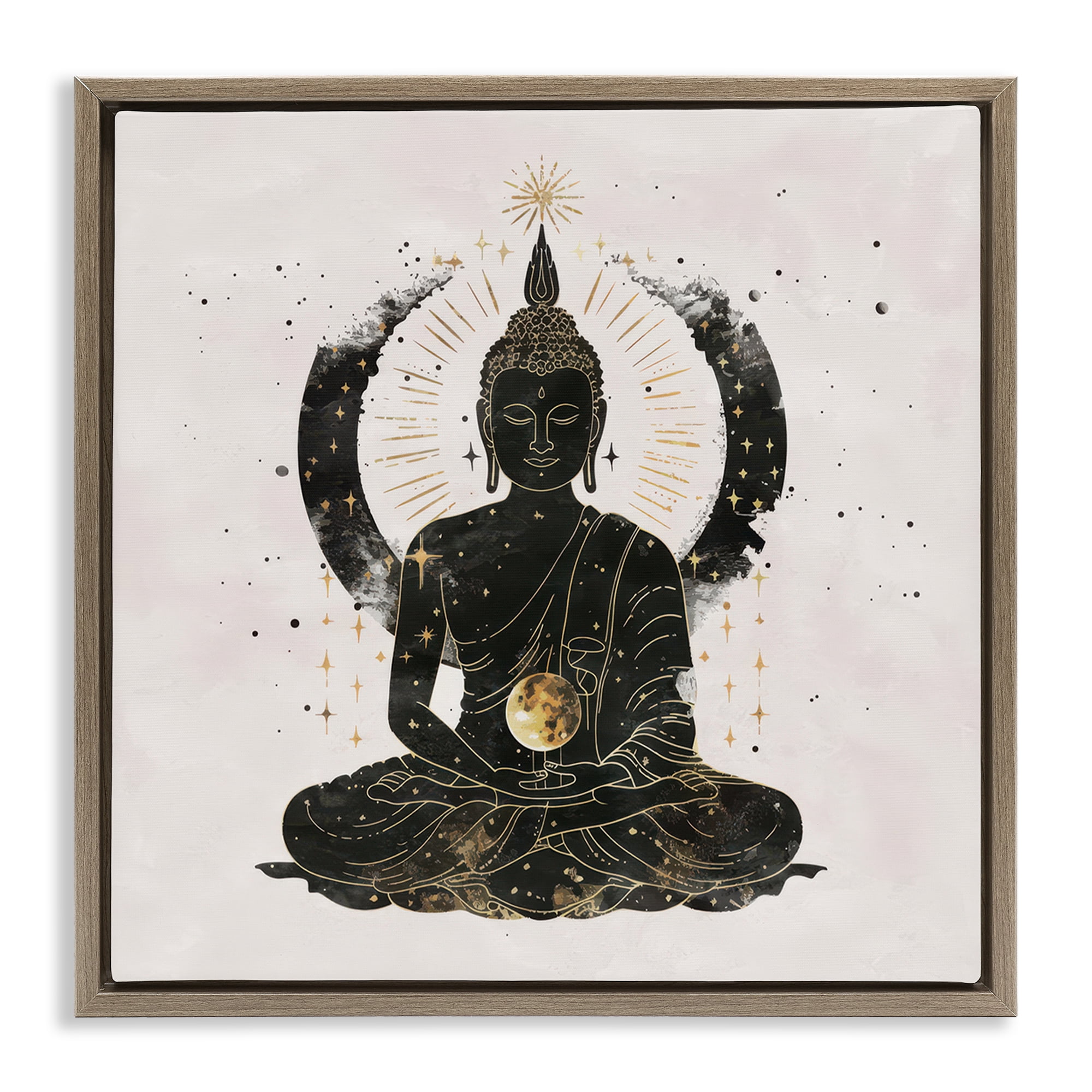 Stupell Industries Sitting Buddha Sun Rays Religious & Spiritual Painting Brown Floater Framed Canvas Art Print Wall Art, 18 x 18