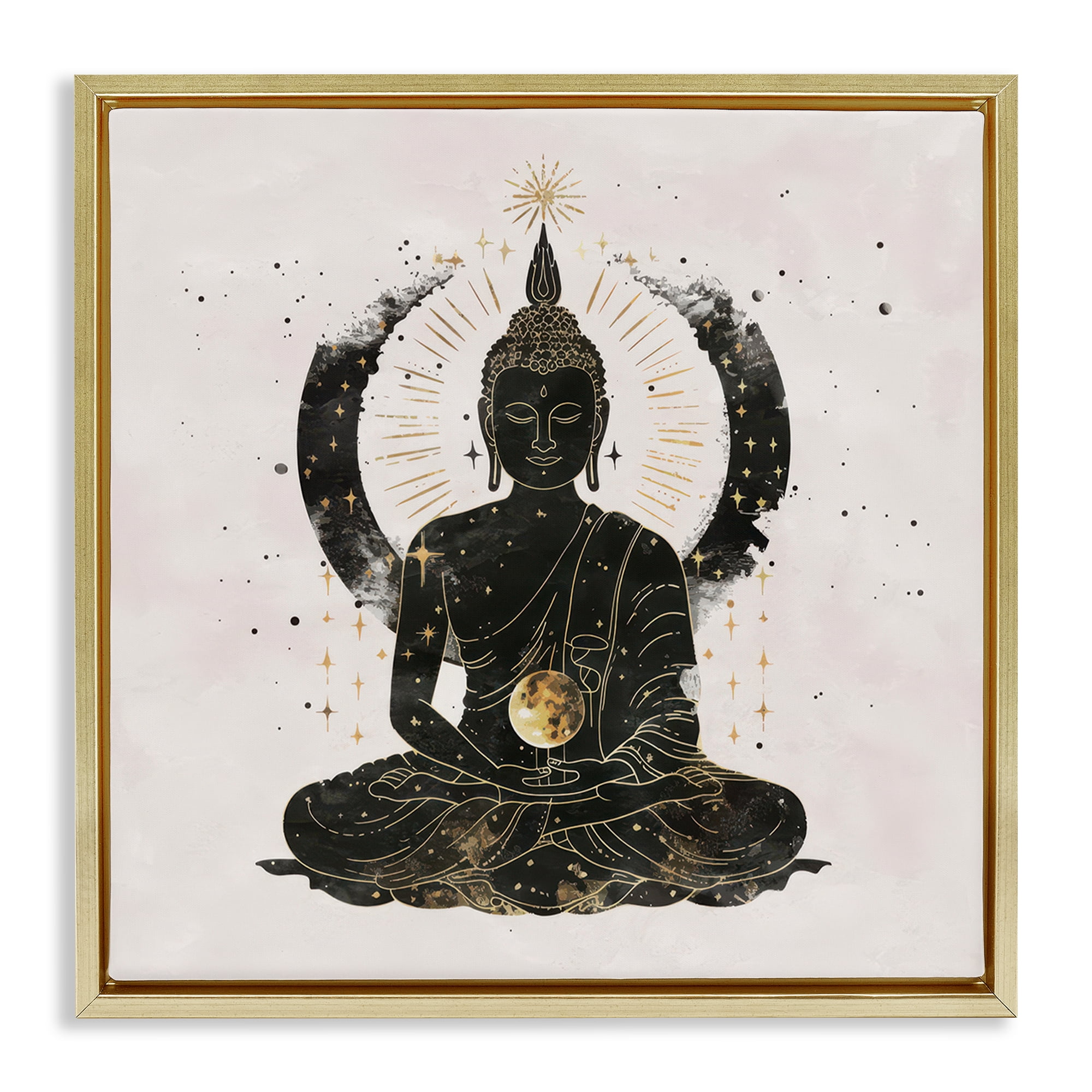 Stupell Industries Sitting Buddha Sun Rays Religious & Spiritual Painting Gold Floater Framed Canvas Art Print Wall Art, 18 x 18