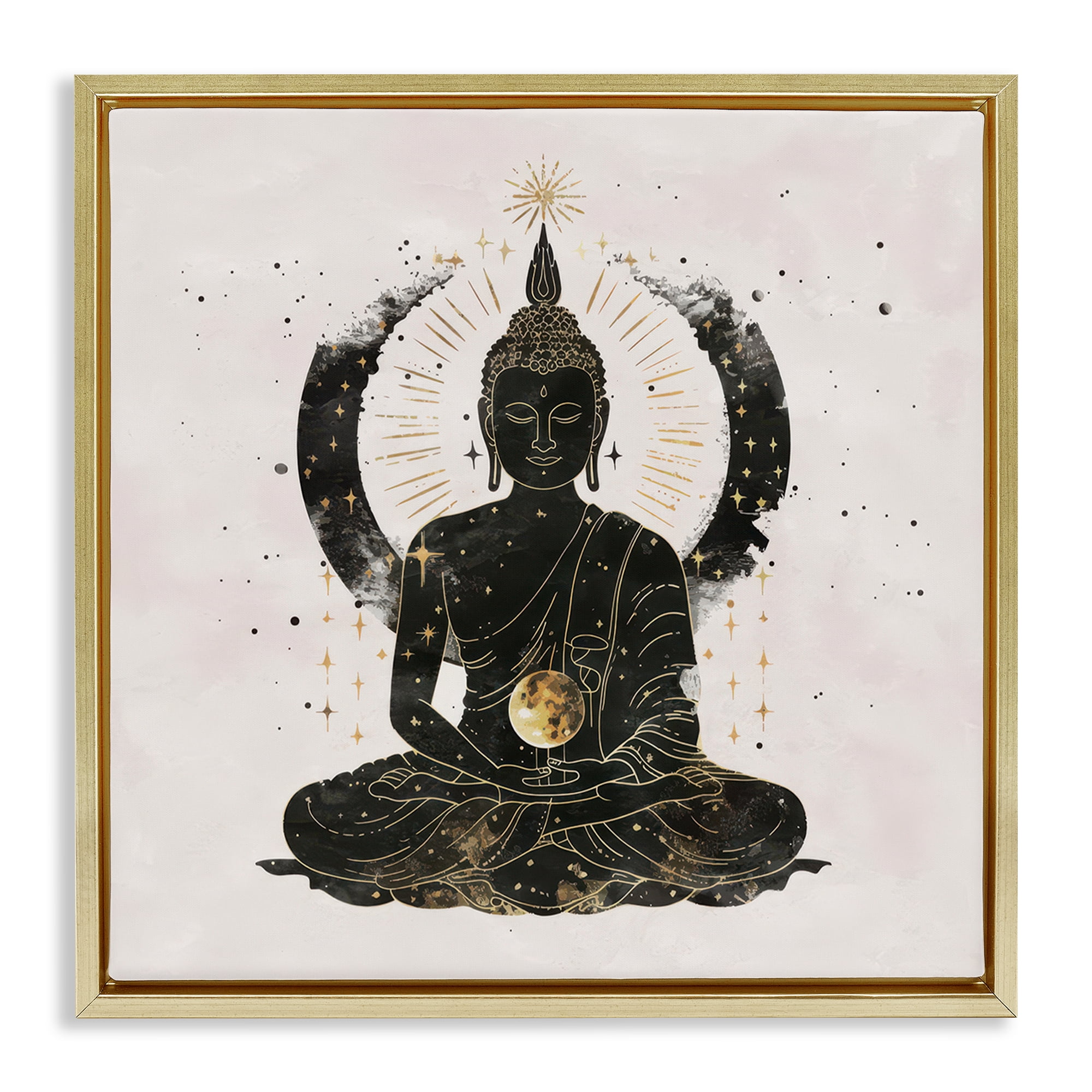 Stupell Industries Sitting Buddha Sun Rays Religious & Spiritual Painting Gold Floater Framed Canvas Art Print Wall Art, 25 x 25