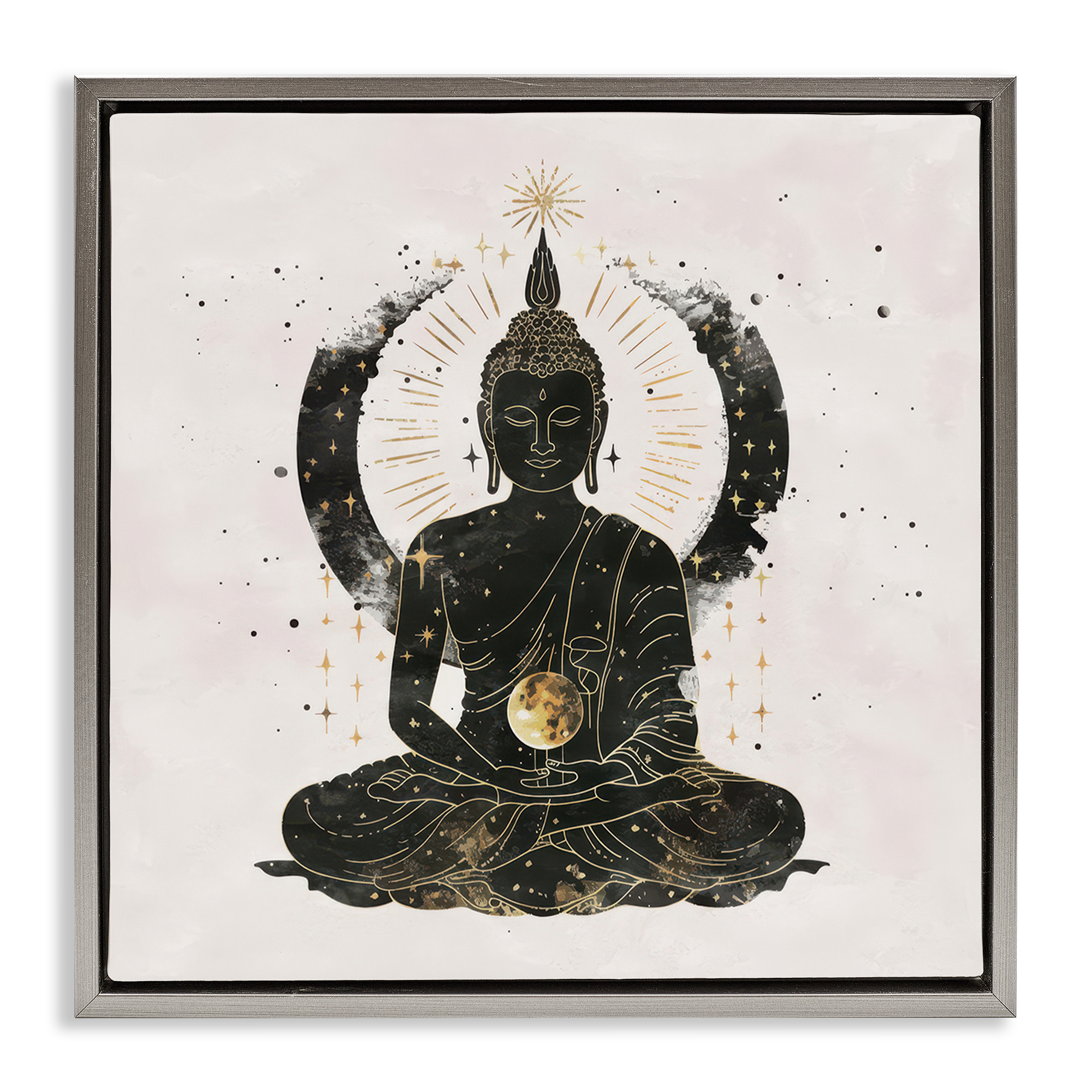 Stupell Industries Sitting Buddha Sun Rays Religious & Spiritual Painting Gray Floater Framed Canvas Art Print Wall Art, 18 x 18