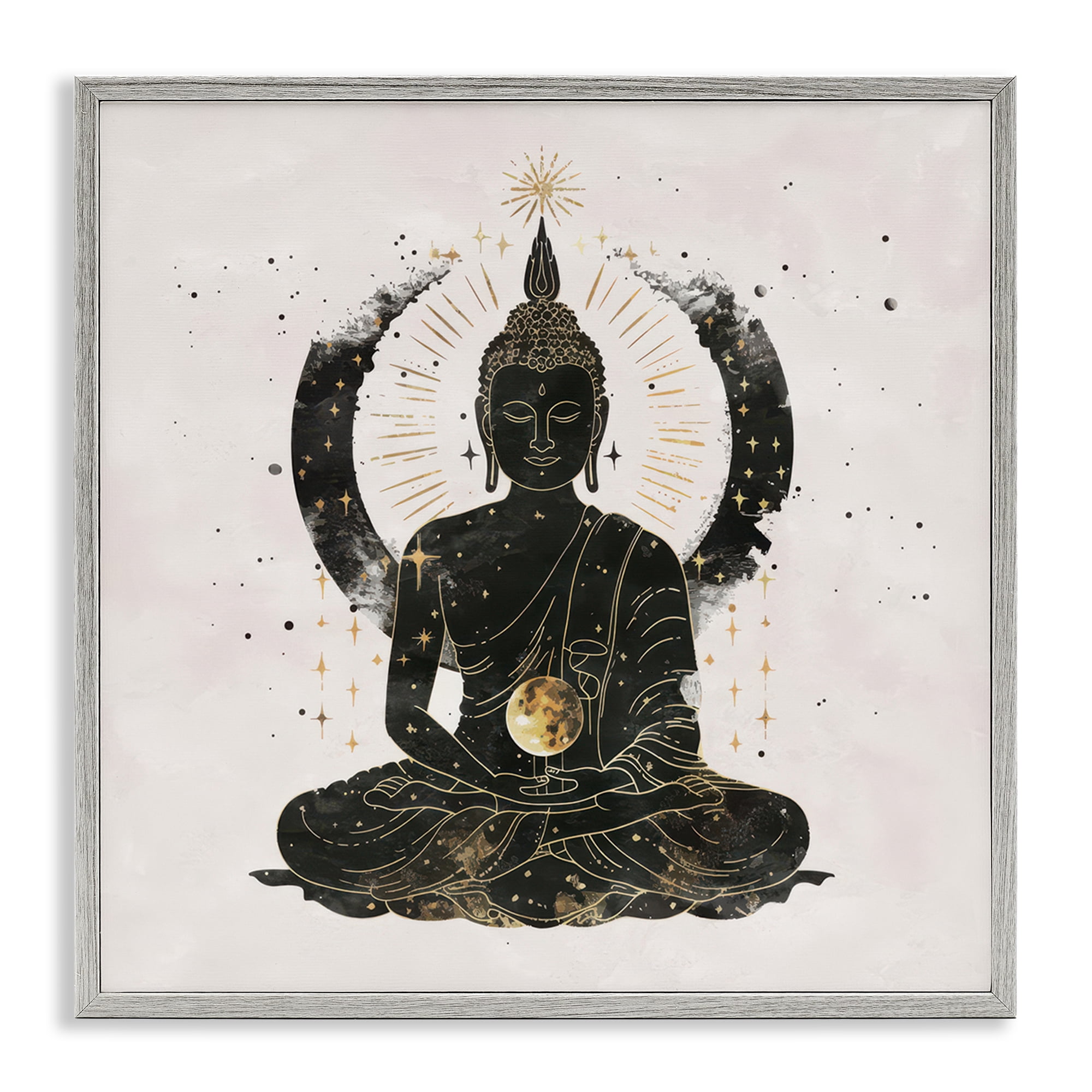 Stupell Industries Sitting Buddha Sun Rays Religious & Spiritual Painting Gray Framed Art Print Wall Art, 17 x 17