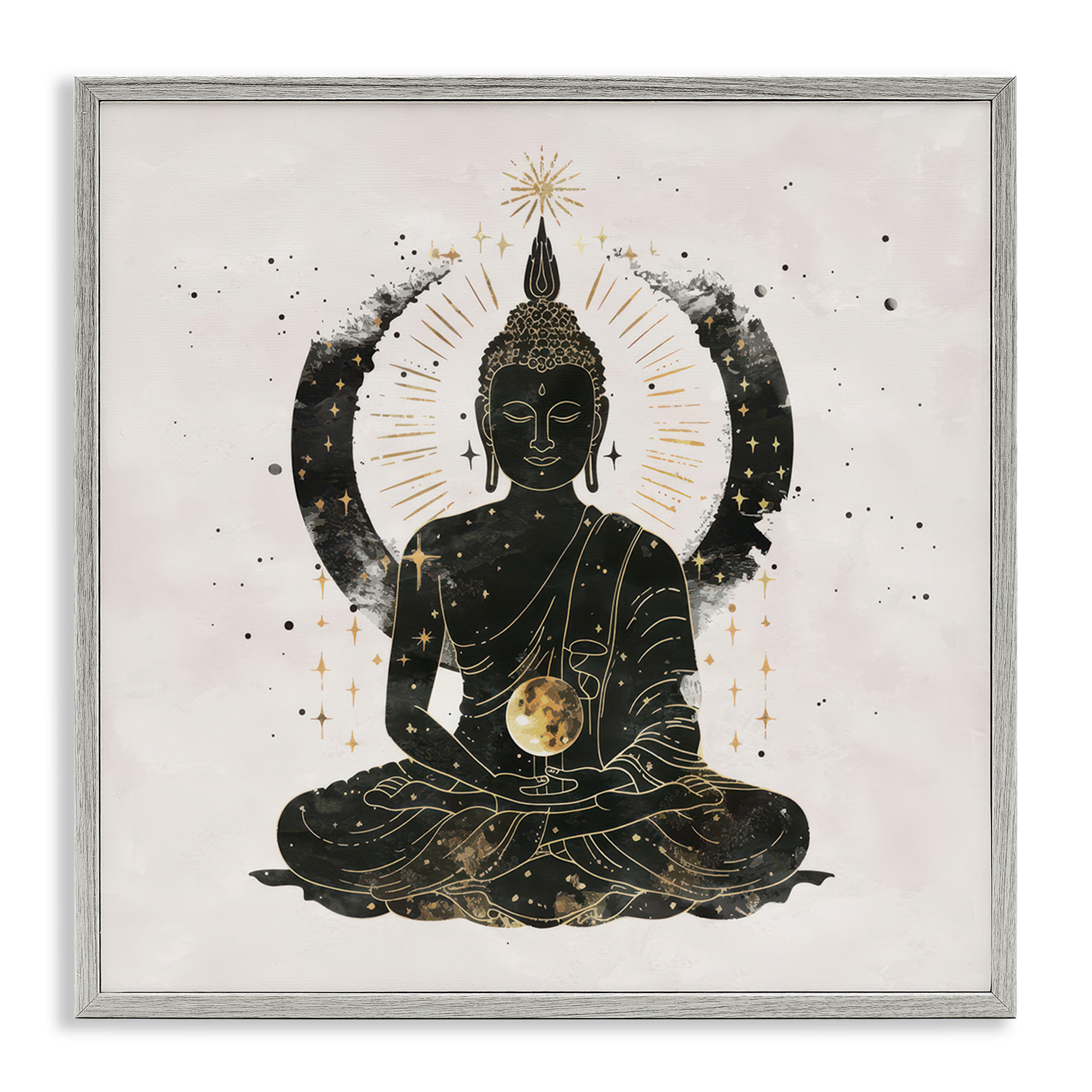 Stupell Industries Sitting Buddha Sun Rays Religious & Spiritual Painting Gray Framed Art Print Wall Art, 24 x 24