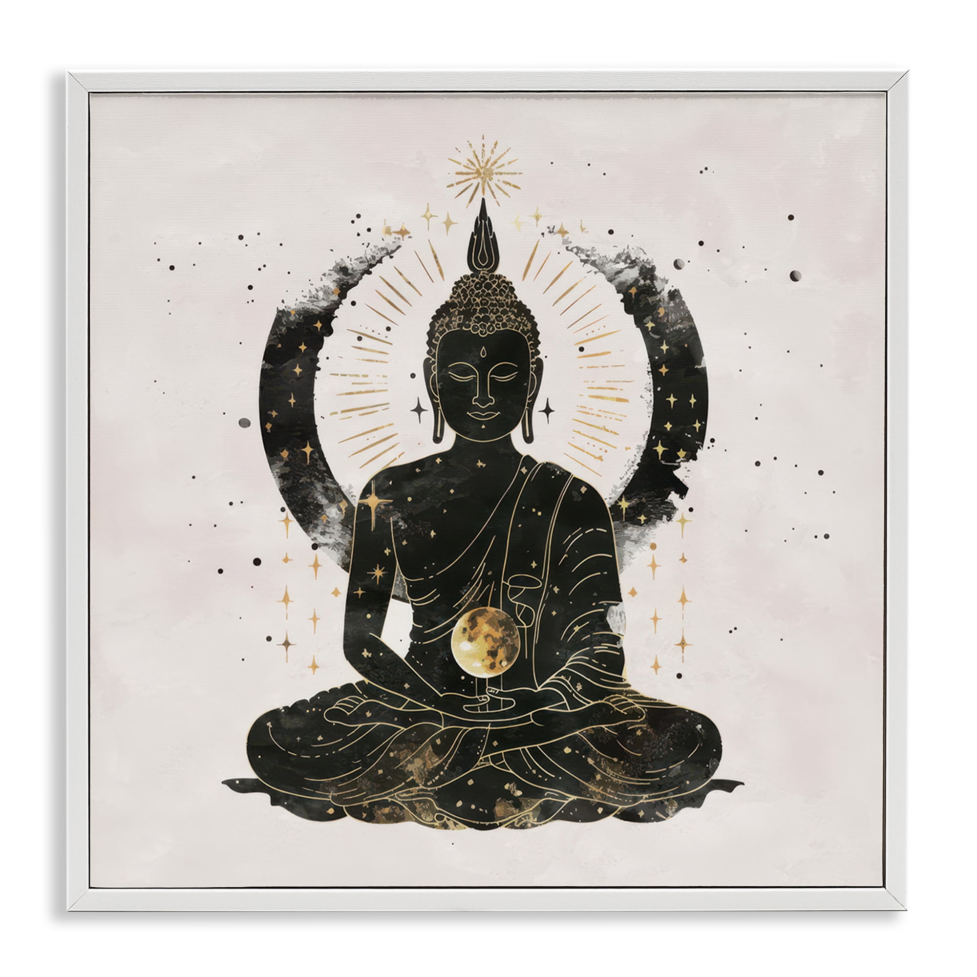 Stupell Industries Sitting Buddha Sun Rays Religious & Spiritual Painting White Framed Art Print Wall Art, 17 x 17