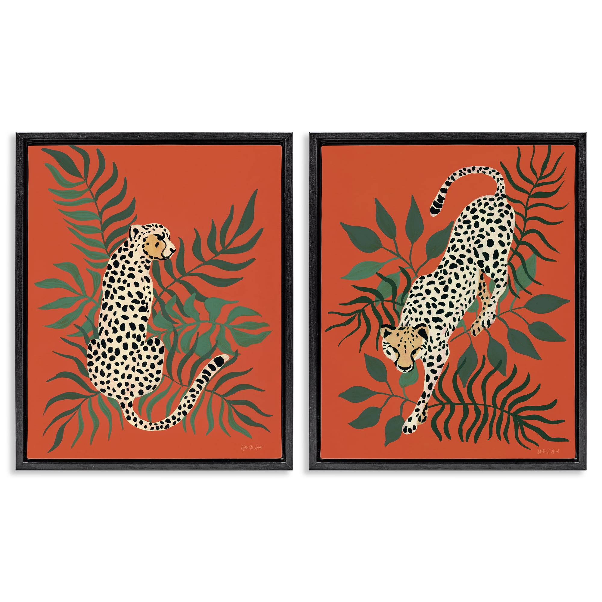 Stupell Industries Sitting Cheetah Prowling Jungle Animals Painting Black Floater Framed Canvas Art Print Wall Art, 31 x 25, Set of 2