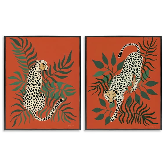 Stupell Industries Sitting Cheetah Prowling Jungle Animals Painting Black Framed Art Print Wall Art, 11 x 14, Set of 2