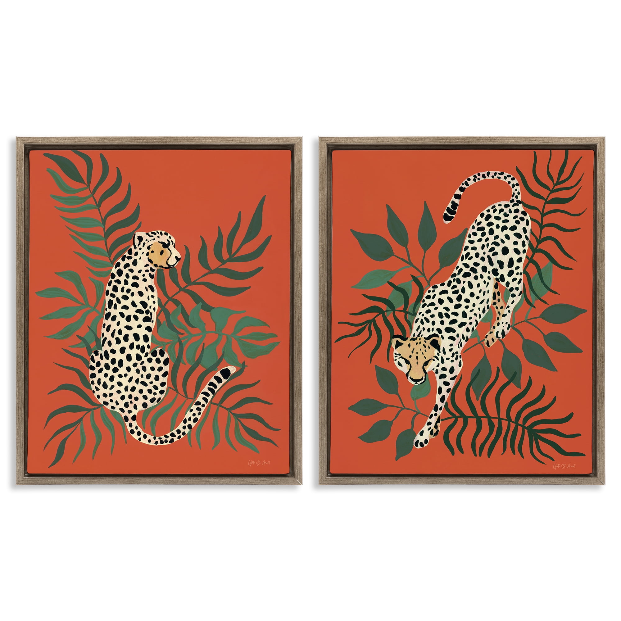 Stupell Industries Sitting Cheetah Prowling Jungle Animals Painting Brown Floater Framed Canvas Art Print Wall Art, 17 x 21, Set of 2