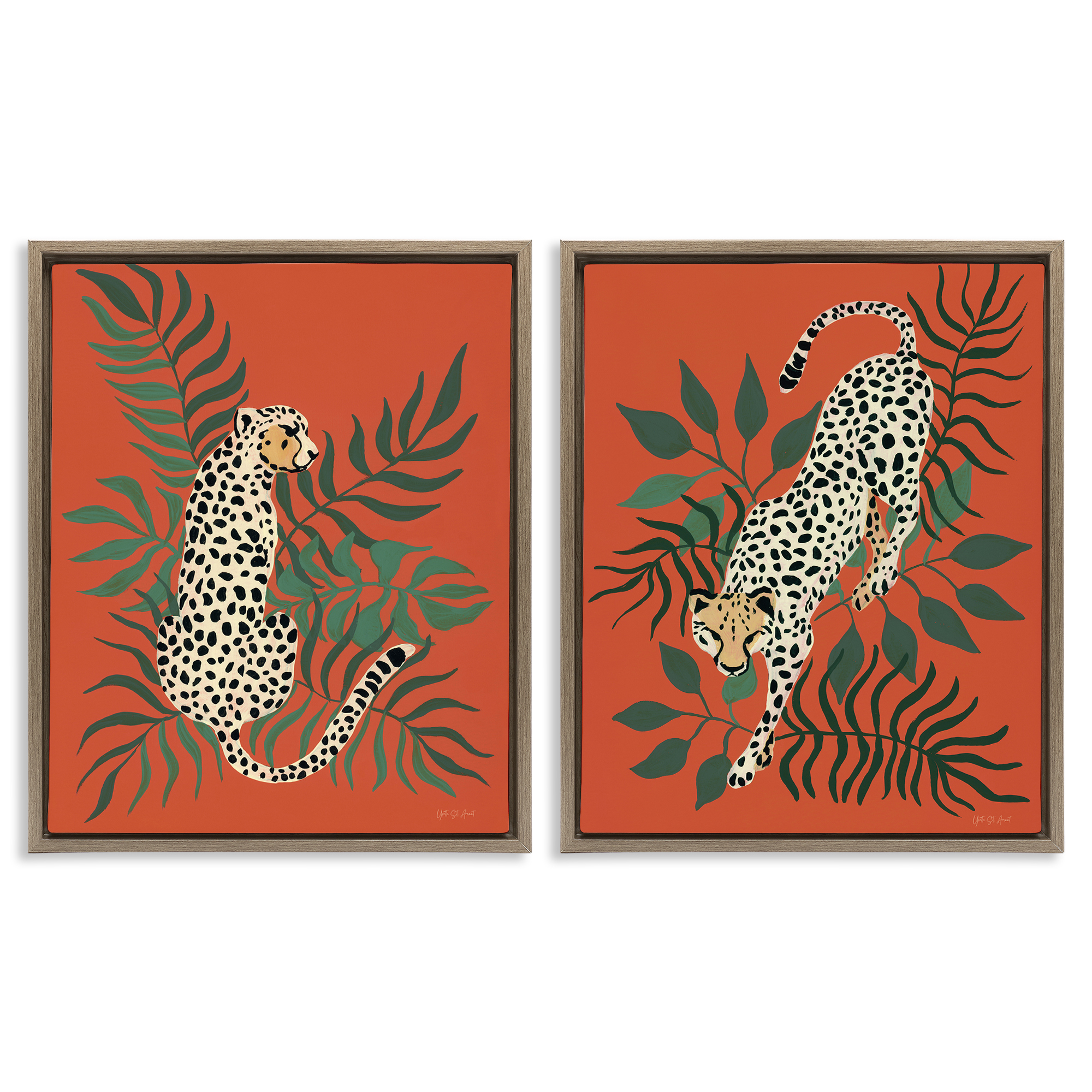 Stupell Industries Sitting Cheetah Prowling Jungle Animals Painting Brown Floater Framed Canvas Art Print Wall Art, 31 x 25, Set of 2