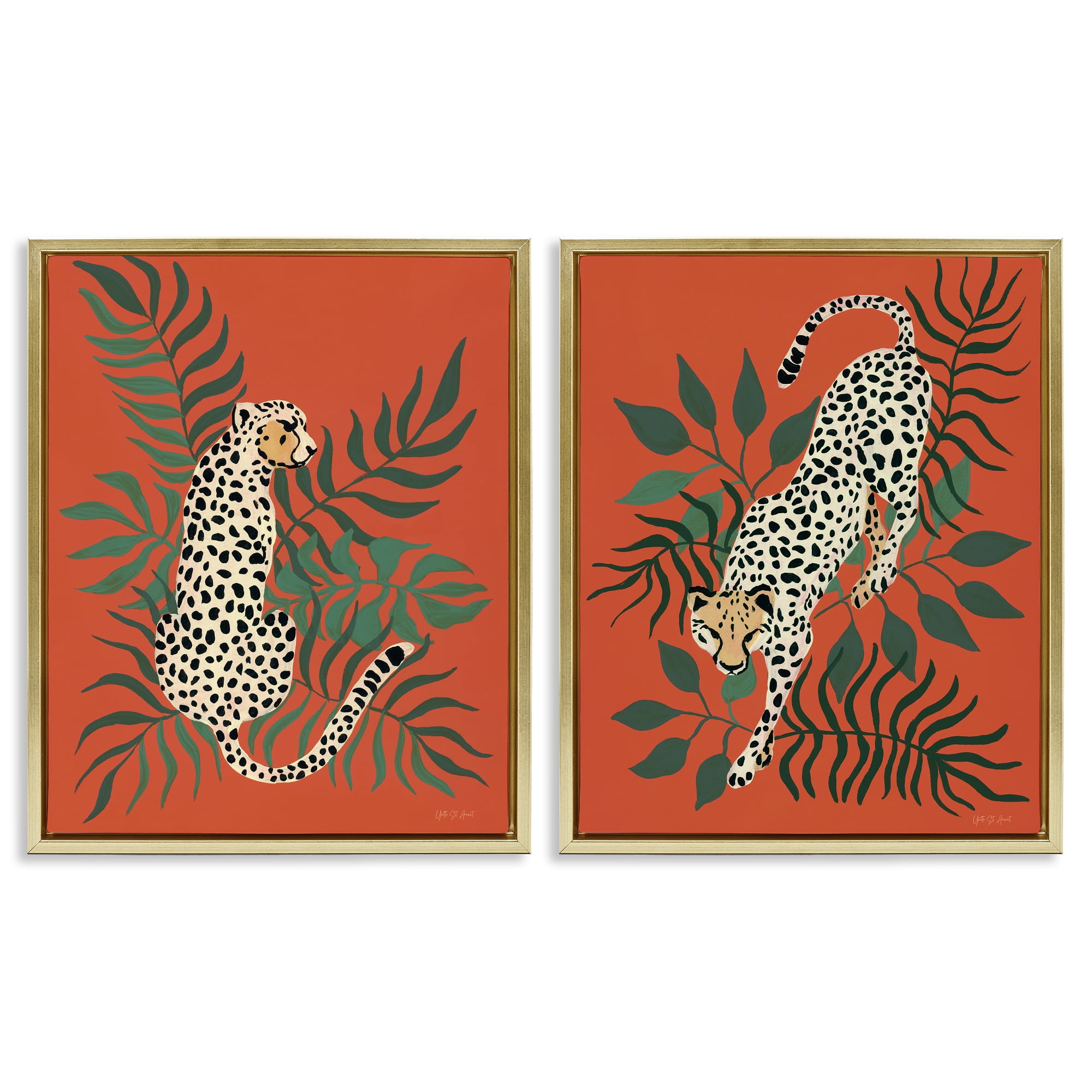 Stupell Industries Sitting Cheetah Prowling Jungle Animals Painting Gold Floater Framed Canvas Art Print Wall Art, 31 x 25, Set of 2