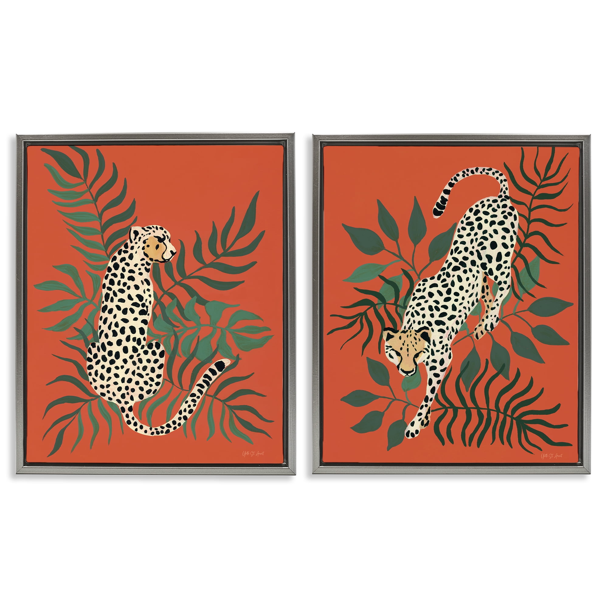 Stupell Industries Sitting Cheetah Prowling Jungle Animals Painting Gray Floater Framed Canvas Art Print Wall Art, 31 x 25, Set of 2