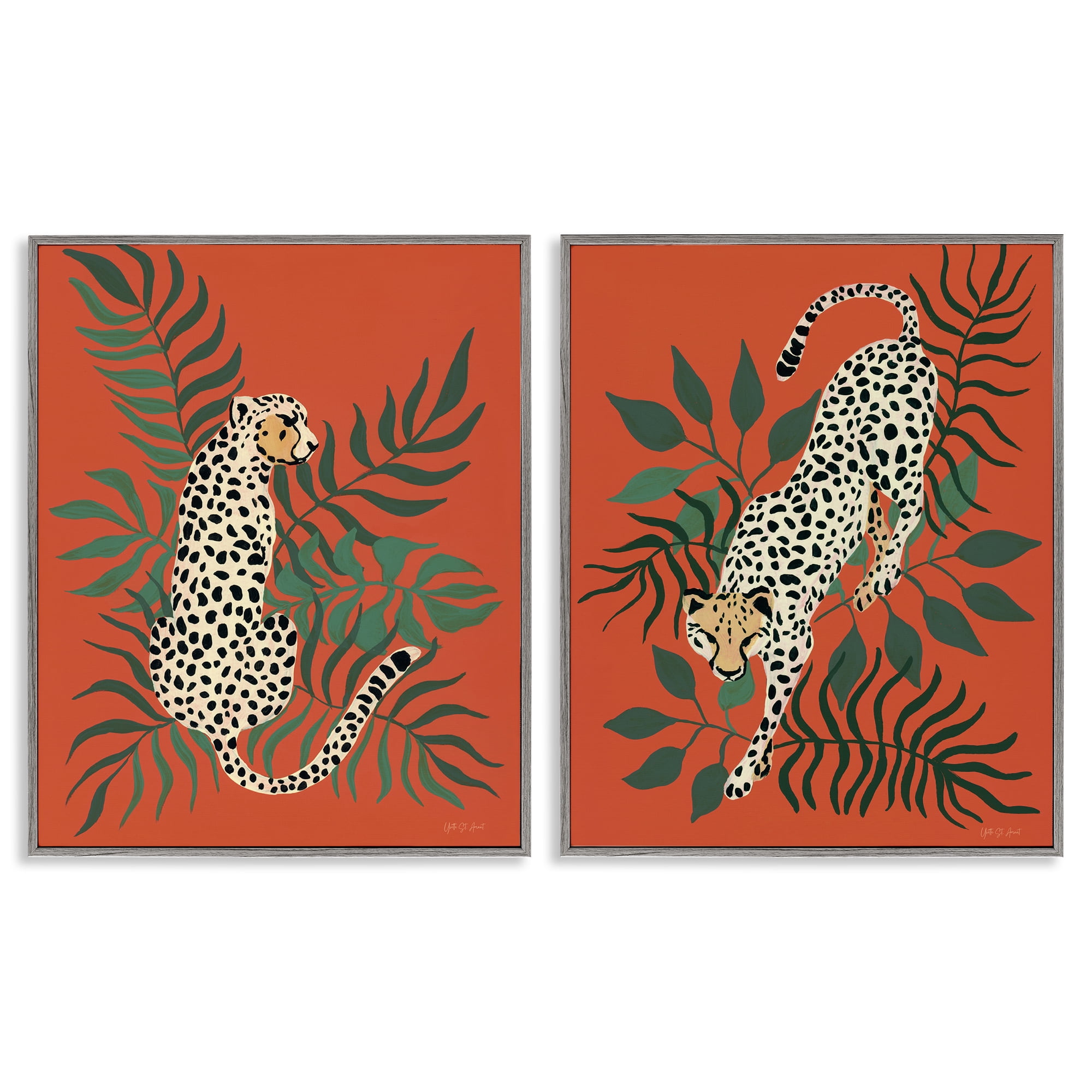 Stupell Industries Sitting Cheetah Prowling Jungle Animals Painting Gray Framed Art Print Wall Art, 24 x 30, Set of 2