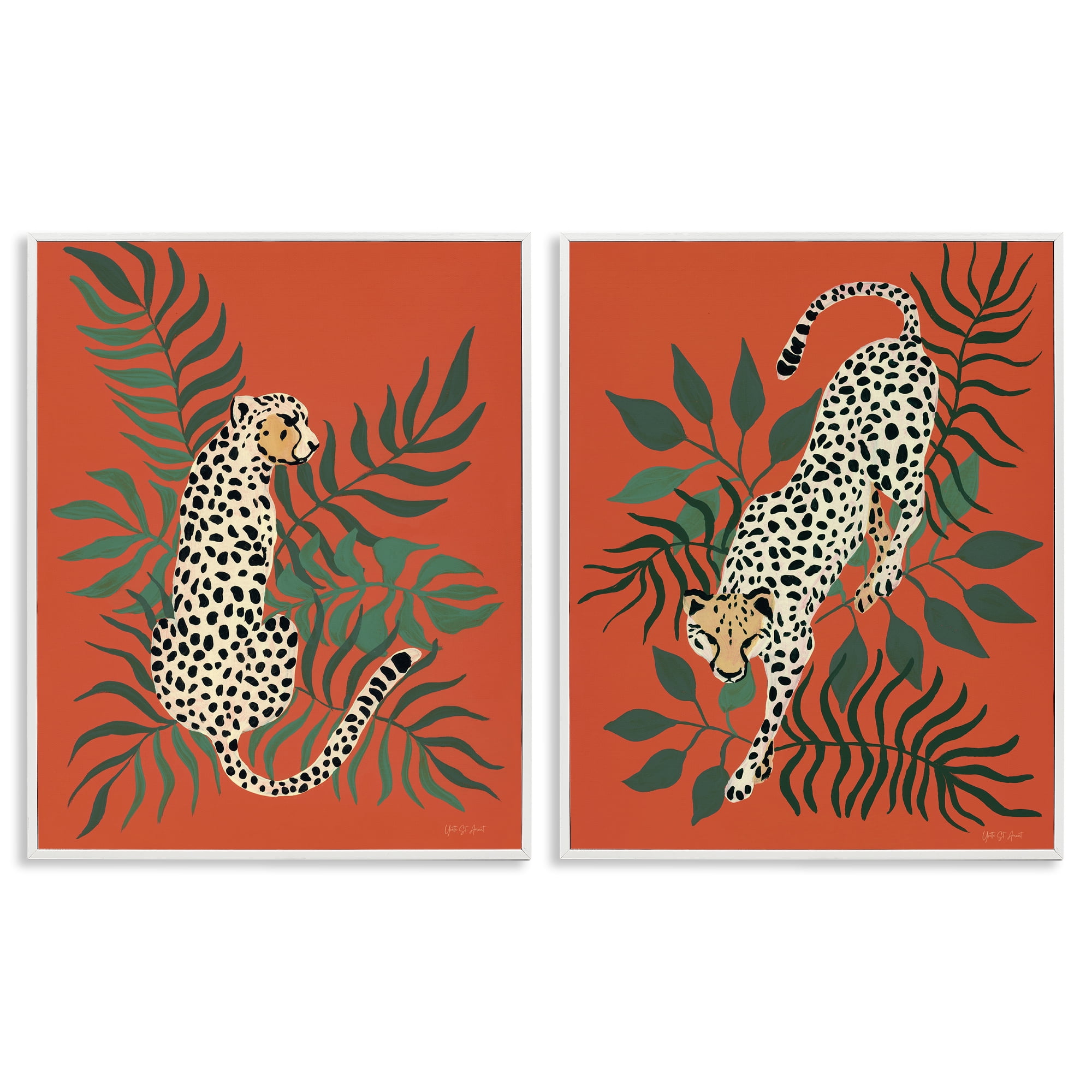 Stupell Industries Sitting Cheetah Prowling Jungle Animals Painting White Framed Art Print Wall Art, 16 x 20, Set of 2