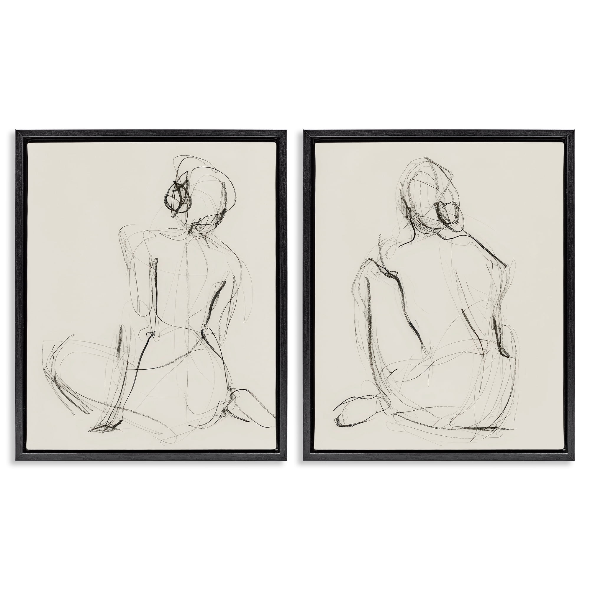Stupell Industries Sitting Female Figure Drawing People Drawing Black Floater Framed Canvas Art Print Wall Art, 31 x 25, Set of 2