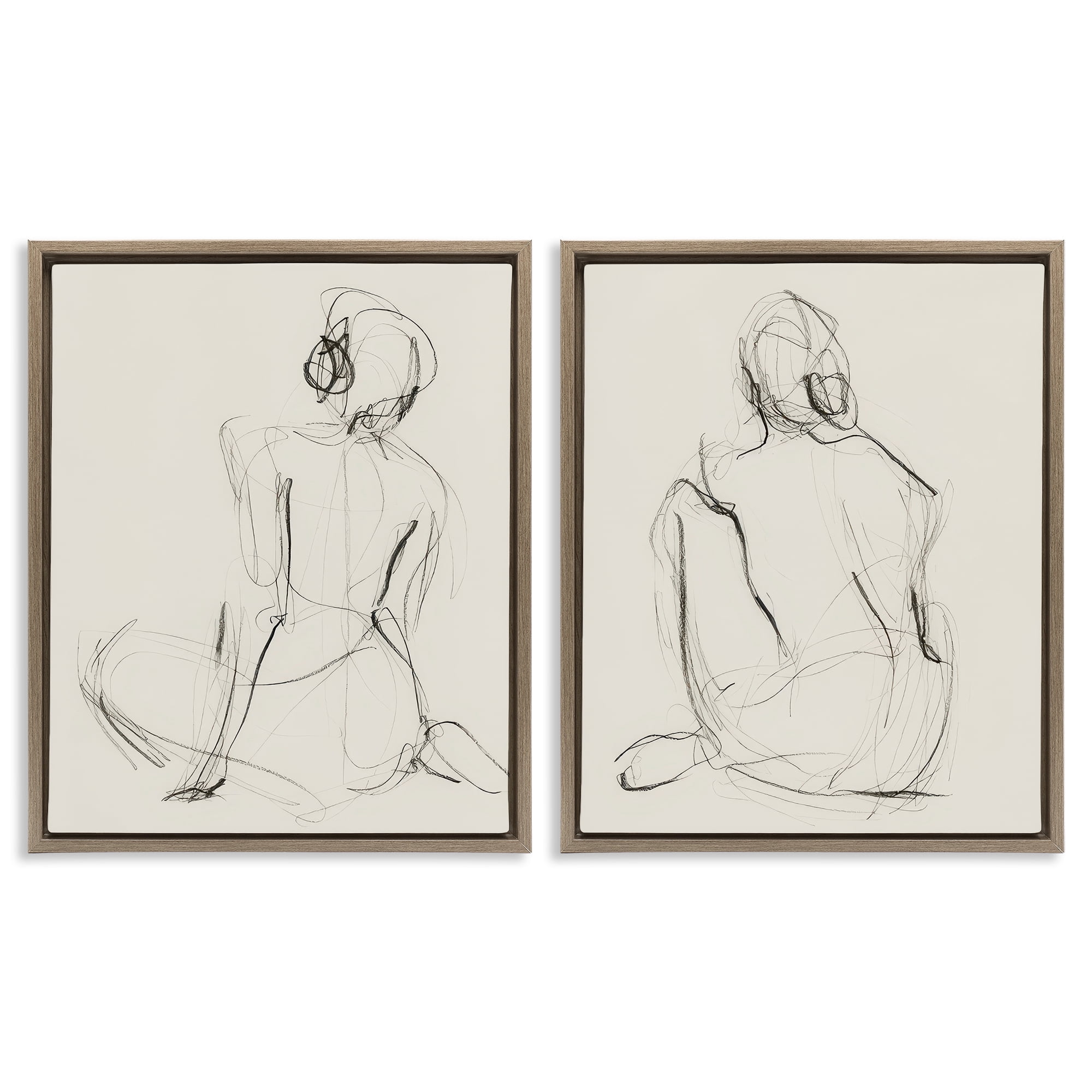 Stupell Industries Sitting Female Figure Drawing People Drawing Brown Floater Framed Canvas Art Print Wall Art, 17 x 21, Set of 2