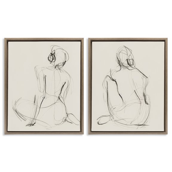 Stupell Industries Sitting Female Figure Drawing People Drawing Brown Floater Framed Canvas Art Print Wall Art, 31 x 25, Set of 2