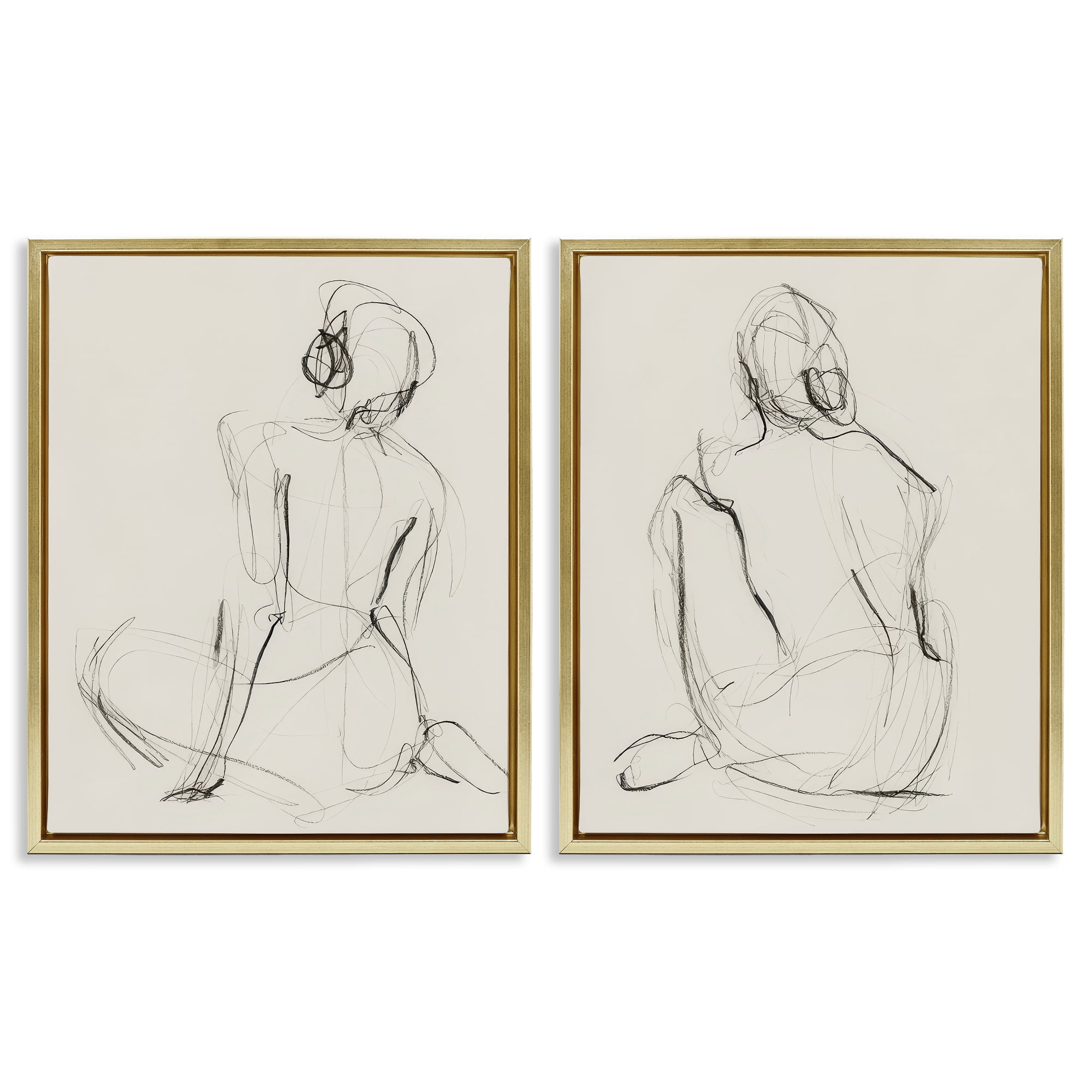 Stupell Industries Sitting Female Figure Drawing People Drawing Gold Floater Framed Canvas Art Print Wall Art, 17 x 21, Set of 2