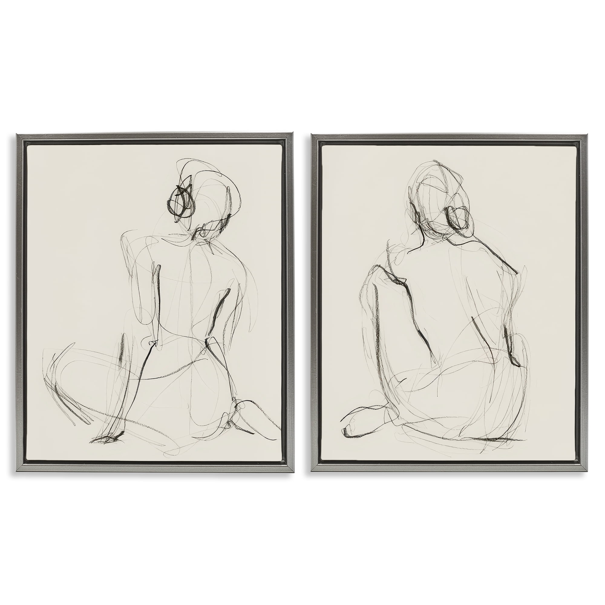 Stupell Industries Sitting Female Figure Drawing People Drawing Gray Floater Framed Canvas Art Print Wall Art, 31 x 25, Set of 2