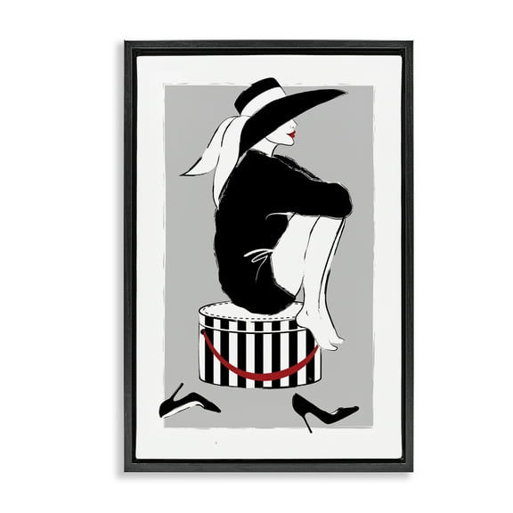 Stupell Industries Sitting On Hat Box Novelty Painting Black Floater Framed Art Print Wall Art, 17 x 25
