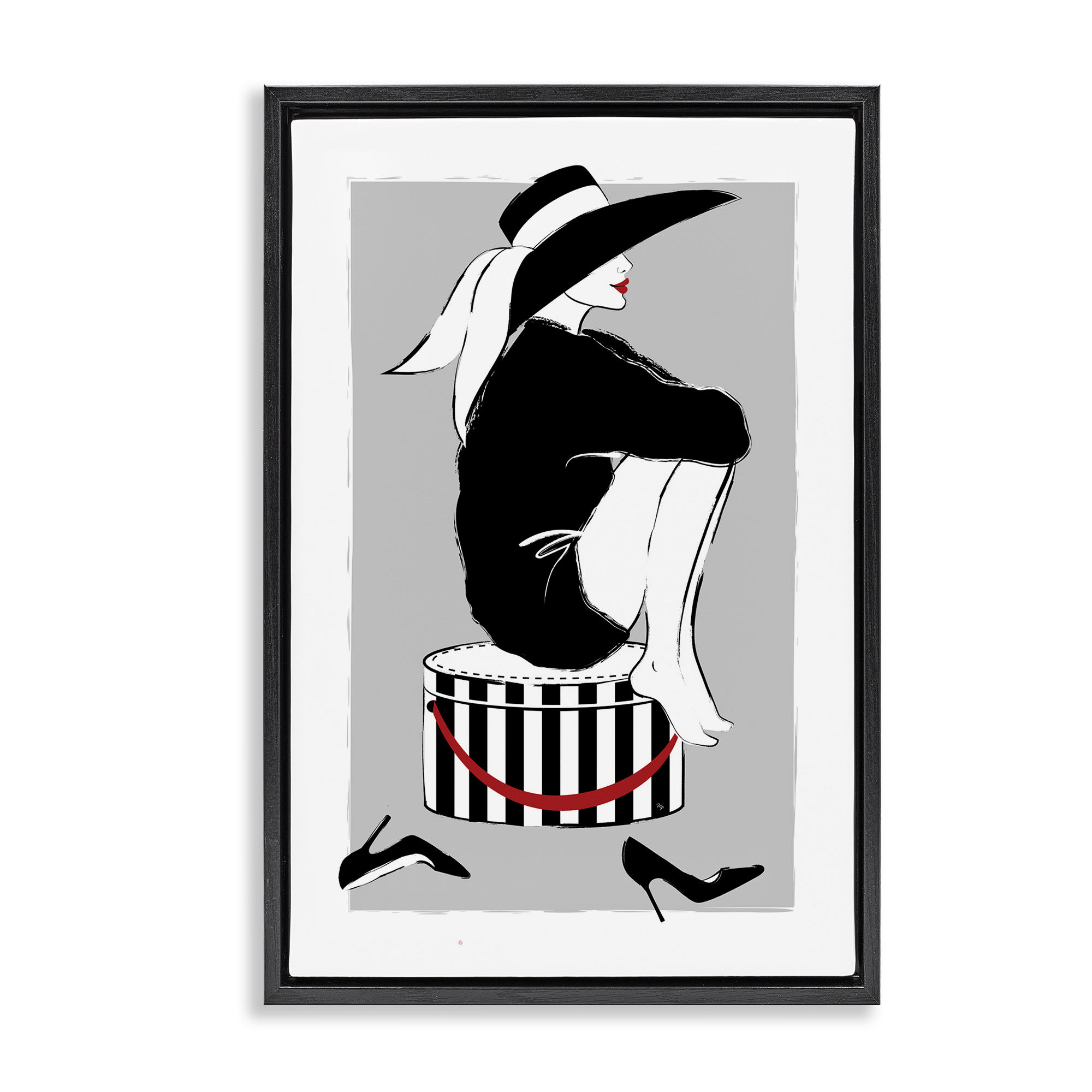 Stupell Industries Sitting On Hat Box Novelty Painting Black Floater Framed Art Print Wall Art, 21 x 31