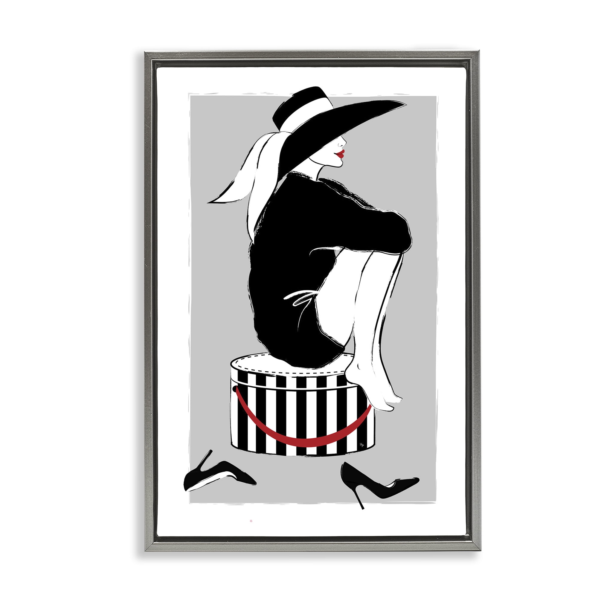 Stupell Industries Sitting On Hat Box Novelty Painting Gray Floater Framed Art Print Wall Art, 17 x 25