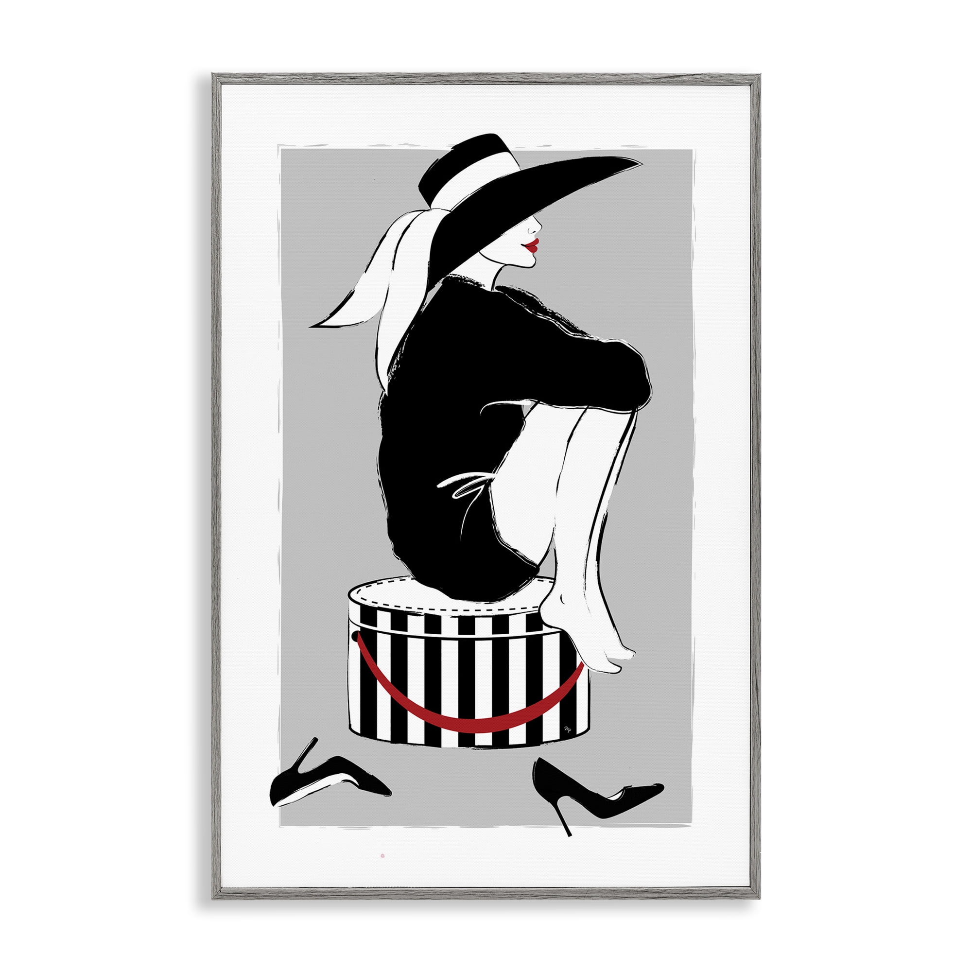 Stupell Industries Sitting On Hat Box Novelty Painting Gray Framed Art Print Wall Art, 12 x 18