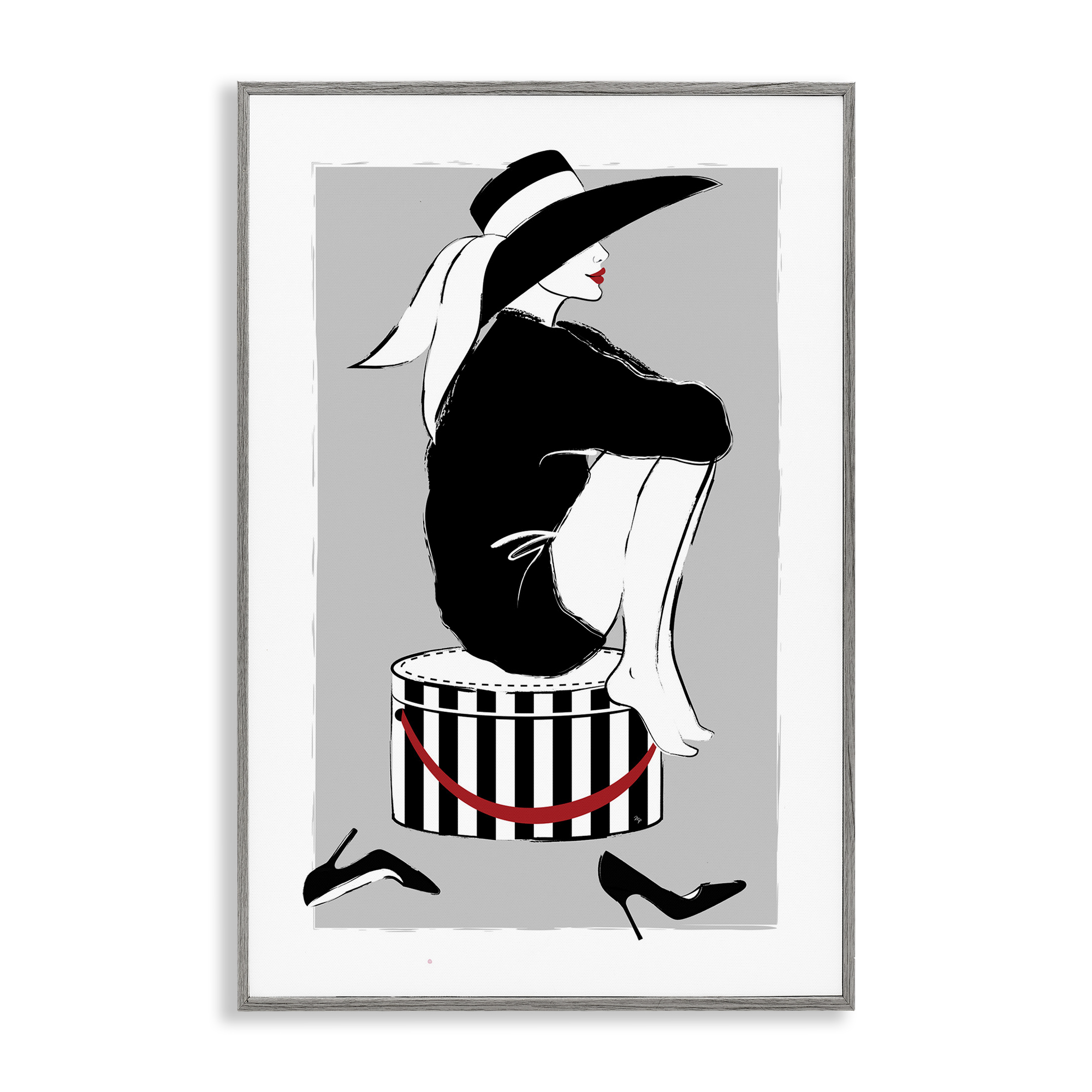 Stupell Industries Sitting On Hat Box Novelty Painting Gray Framed Art Print Wall Art, 16 x 24