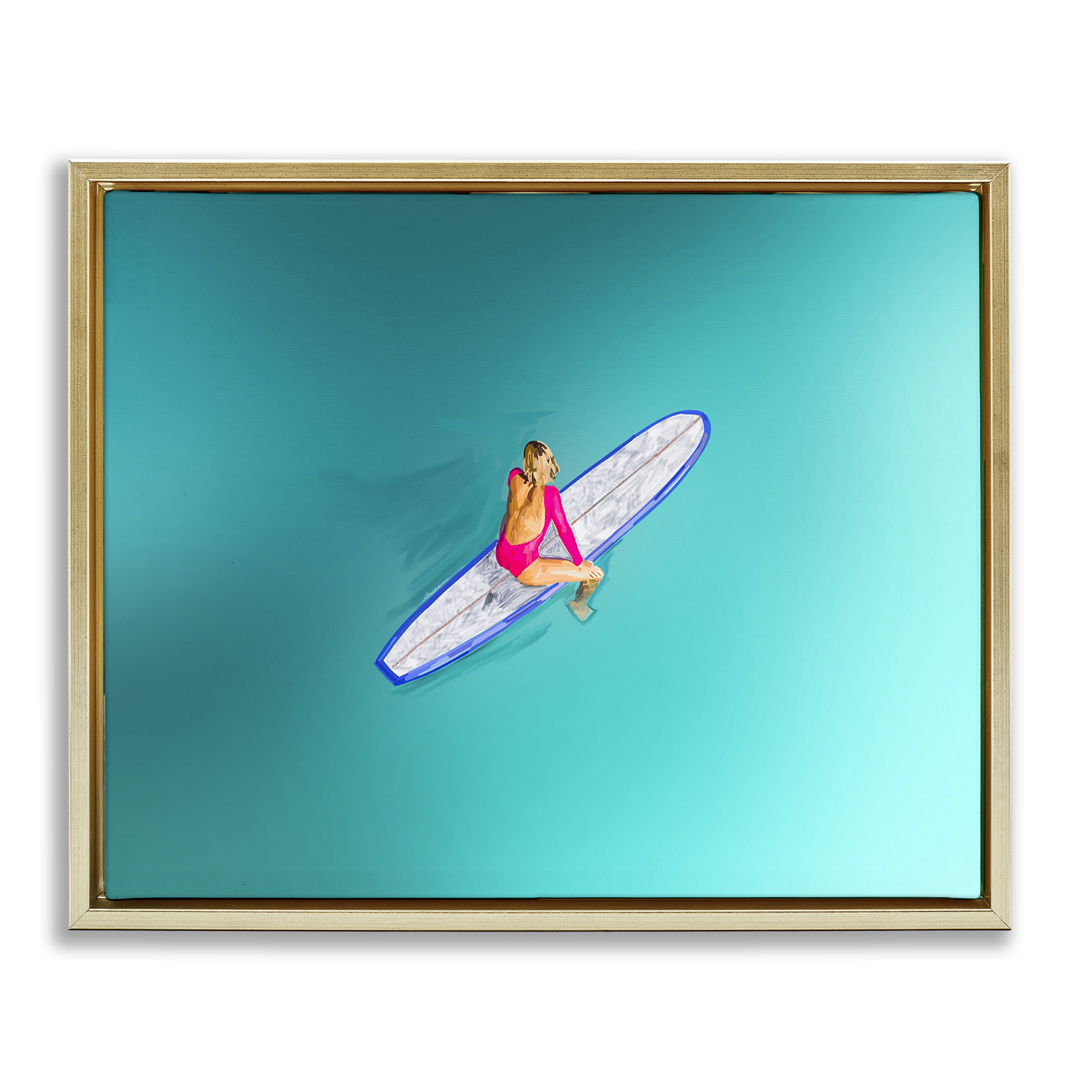 Stupell Industries Sitting on Peaceful Surfboard Nautical & Beach Painting Gold Floater Framed Canvas Art Print Wall Art, 31 x 25