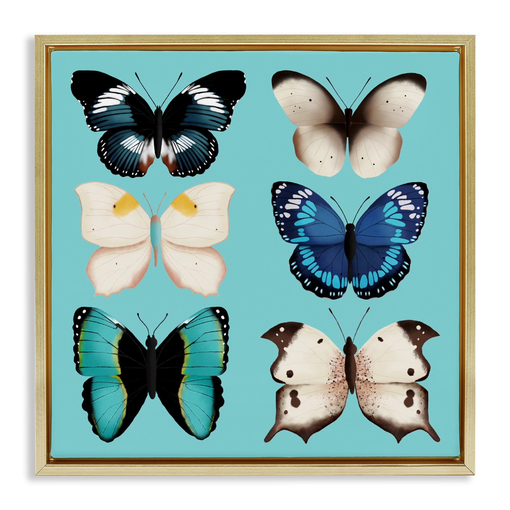 Stupell Industries Six Diverse Butterflies on Turquoise Gold Framed Floater Canvas Wall Art, design by Metka Hiti