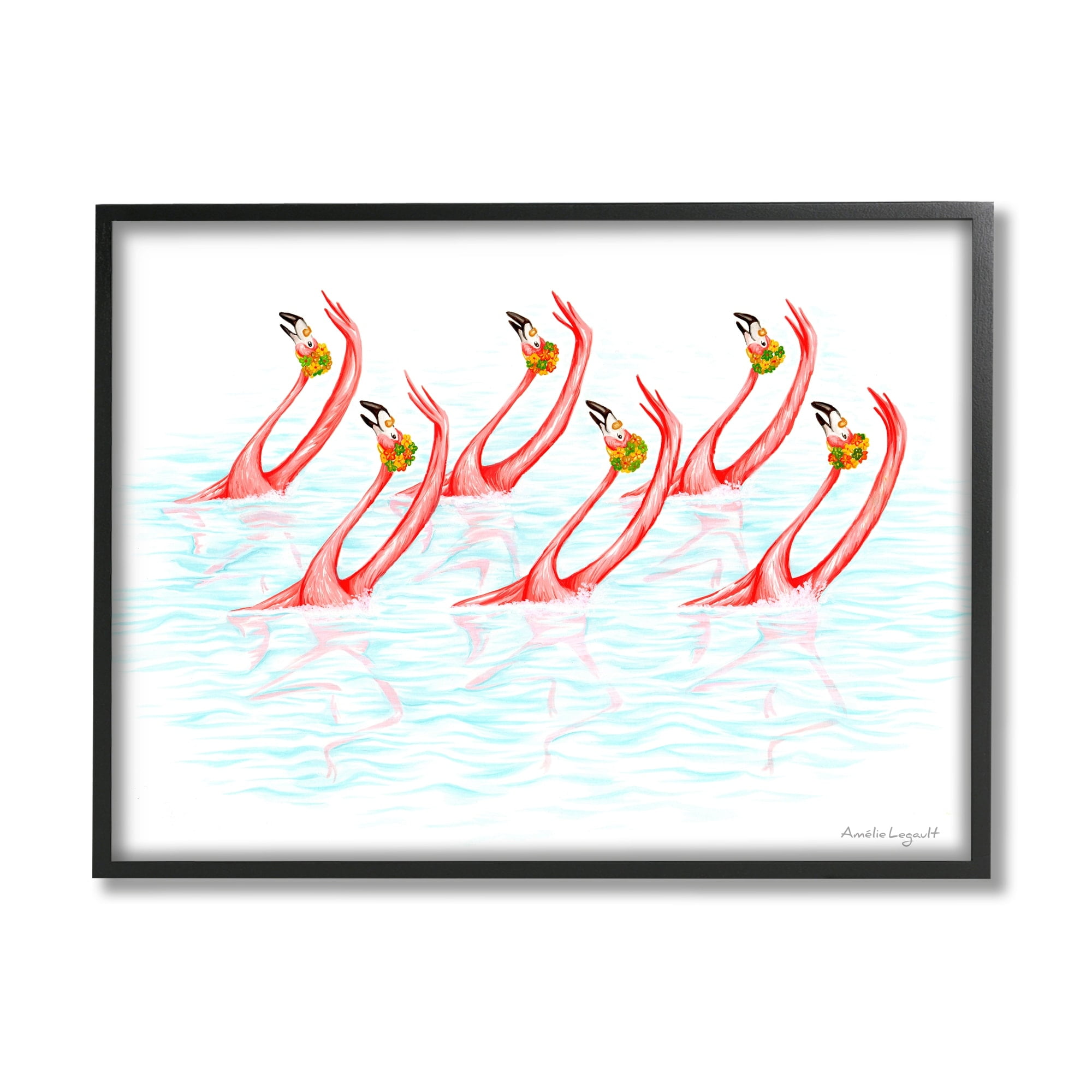 Stupell Industries Six Flamingoes Birds Synchronized Swimming Floral Caps Graphic Art Black Framed Art Print Wall Art, Design by Amelie Legault