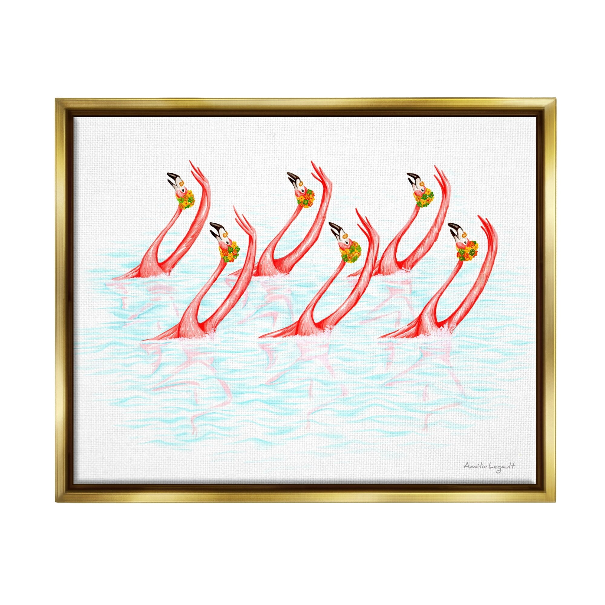 Stupell Industries Six Flamingoes Birds Synchronized Swimming Floral Caps Graphic Art Metallic Gold Floating Framed Canvas Print Wall Art, Design by Amelie Legault